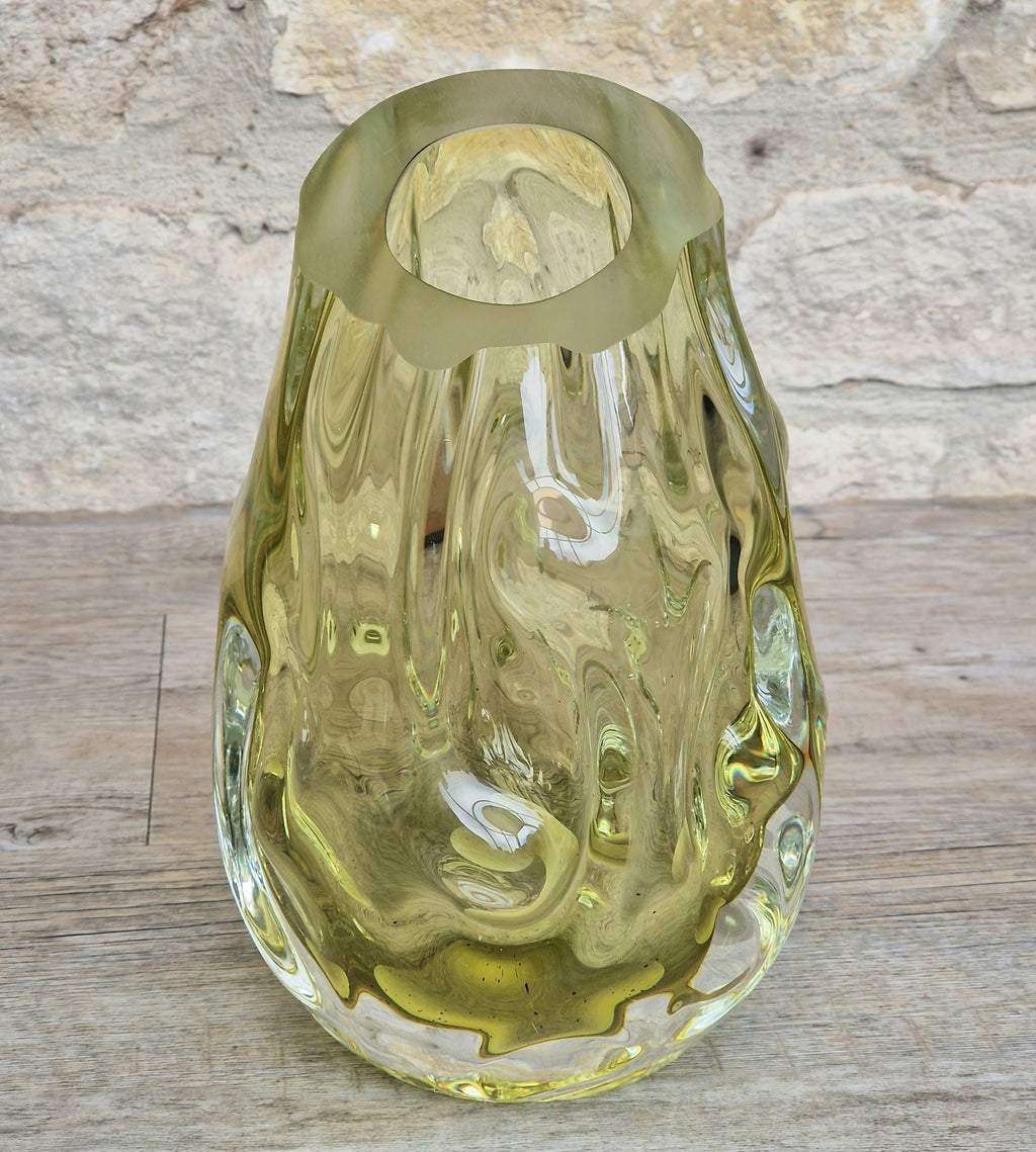 Murano Burri Glass Asymetrical Vase Light Olive Green Heavy Textured Vintage