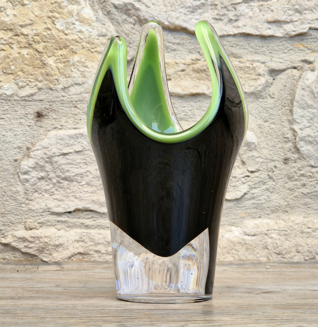 Reijmyre Harlequin Vase Black & Green Signed Paul Kedelv Art Glass, 1958