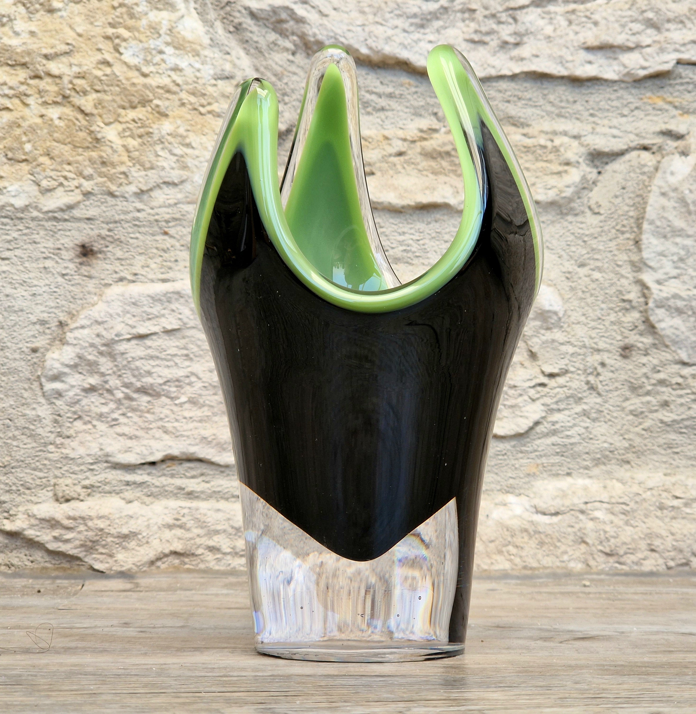 Reijmyre Harlequin Vase Black & Green Signed Paul Kedelv Art Glass, 1958
