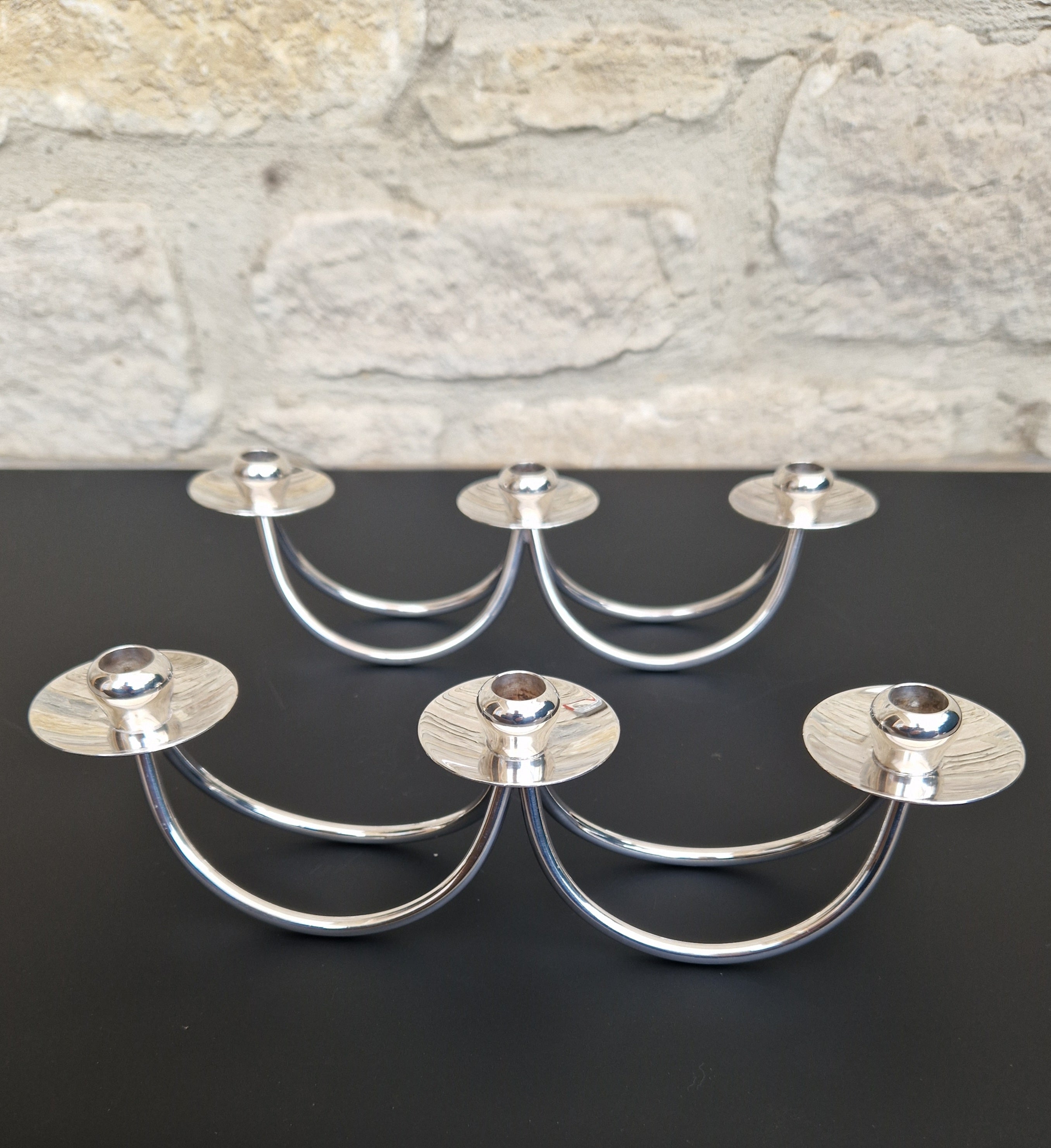 1960's Berg 'Selandia' Danish 3 Branch Minimalist Candelabra Candle Holders x 2