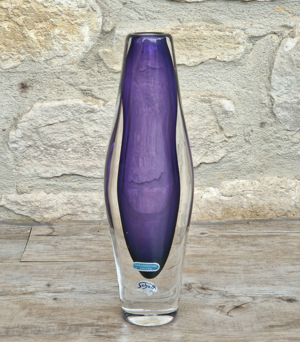 Vintage Smålandshyttan Sweden Amethyst Glass Vase Josef Schott Double Label Mid Century 20cm
