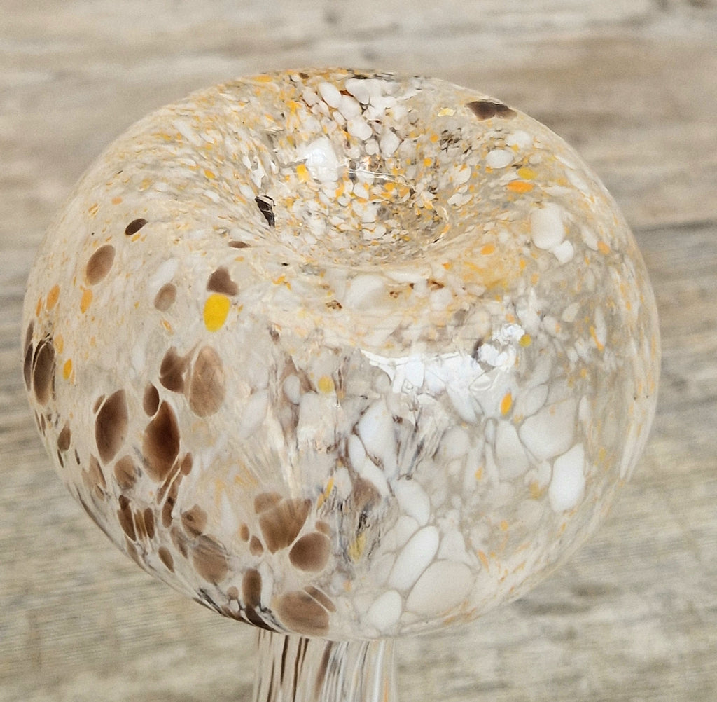Vintage Art Glass Confetti Vase, Handblown Clear Glass with White, Amber, Brown Flecks, Flared Rim