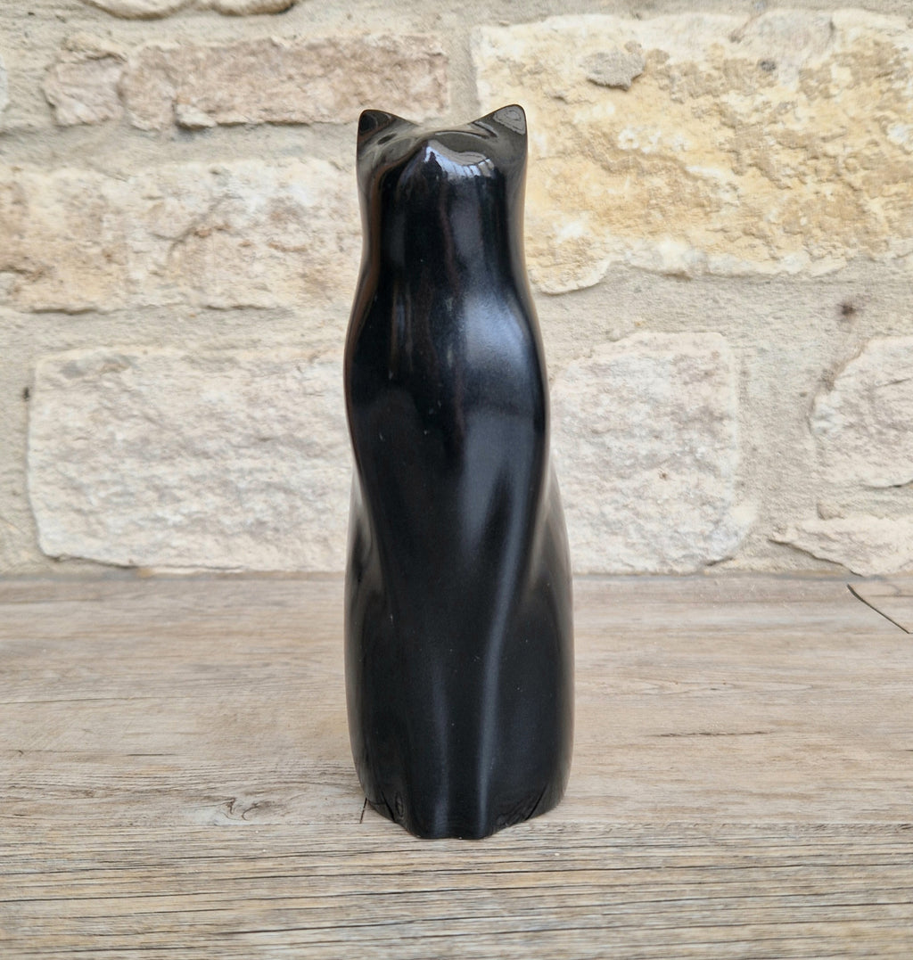 Perry Lancaster Sitting Cat Sculpture – Gloss Black Resin Figurine,Mid Century Decor 17cm