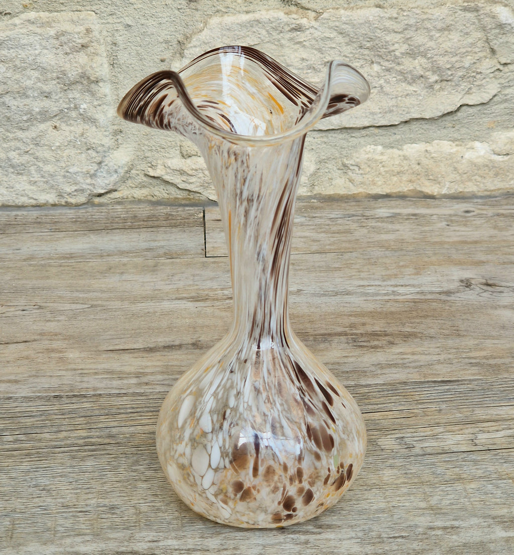 Vintage Art Glass Confetti Vase, Handblown Clear Glass with White, Amber, Brown Flecks, Flared Rim