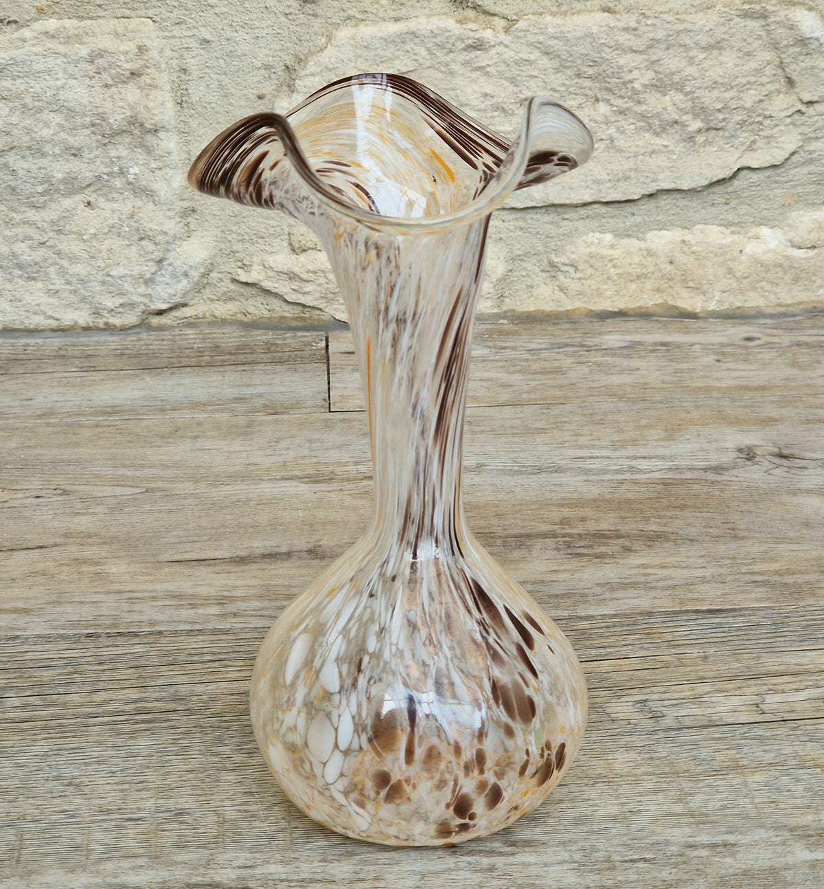 Vintage Art Glass Confetti Vase, Handblown Clear Glass with White, Amber, Brown Flecks, Flared Rim