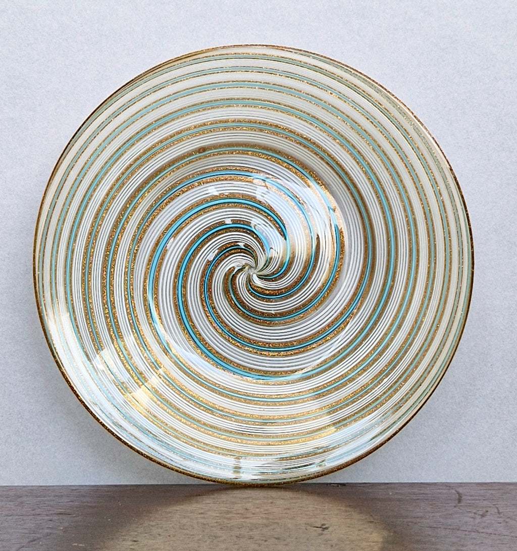 Antique Salviati Murano Glass Dish, Mezza Filigrana, Aventurine, Turquoise Blue, Venetian, c.1860–1872, 16.6cm, Perfect Condition