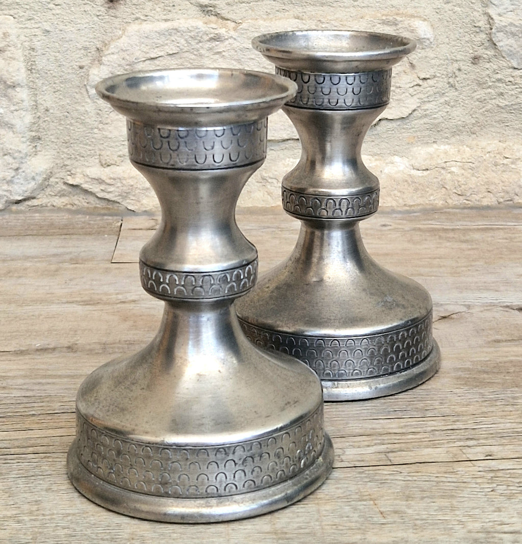Vintage Norwegian Pewter Candlesticks Pair Olav Cook Mid Century Scandinavian Viking Decor