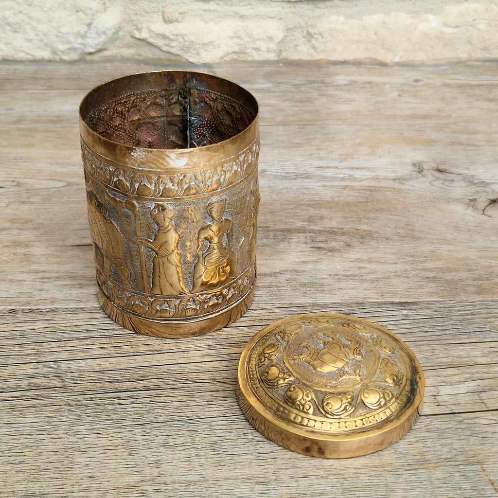 19th Century Brass Rapousse Betel Nut Lidded Decorative Canister