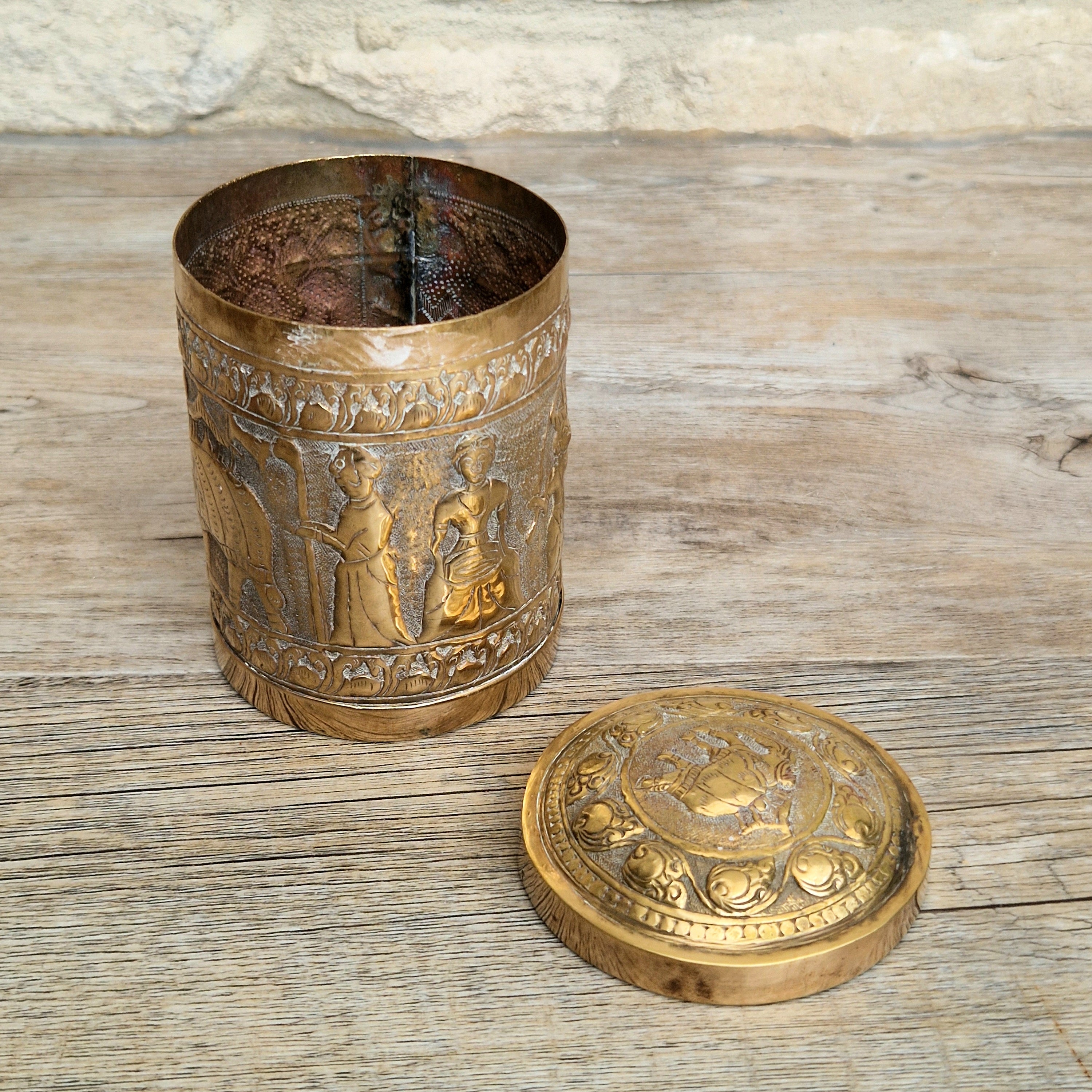 19th Century Brass Rapousse Betel Nut Lidded Decorative Canister