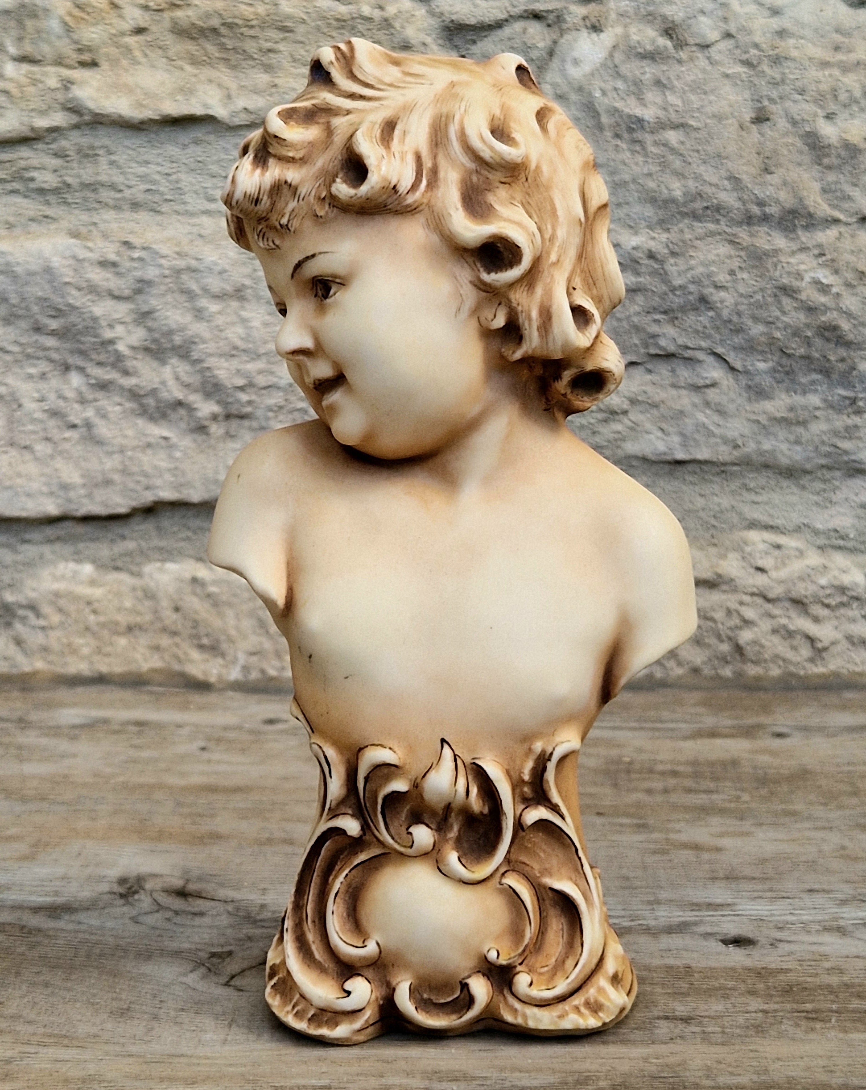 Antique NeoClassical Continental Patinated Bisque Porcelain Putti Child Bust Figure Ornament
