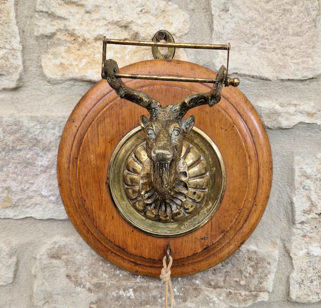 Antique Brass Stag Oak Roundel Wall Mounted Dinner Gong & Hand Turned Striker