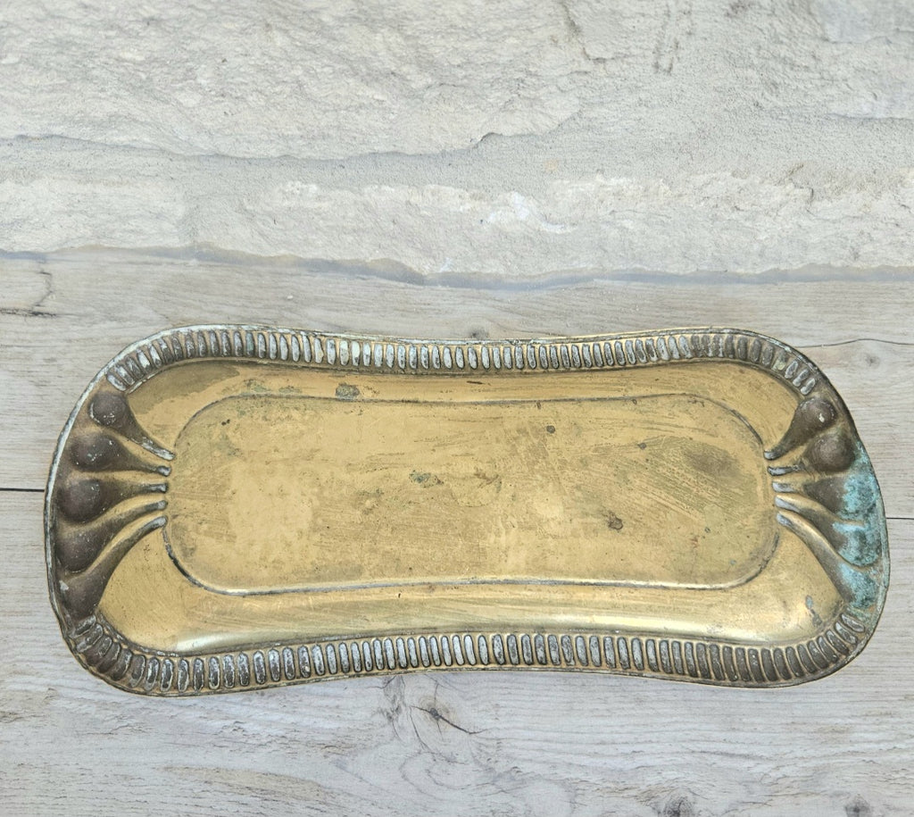 Antique Art Nouveau Brass Trinket Tray Ornate Catchall Dish Vanity Decor with Patina 24cm X 10cm