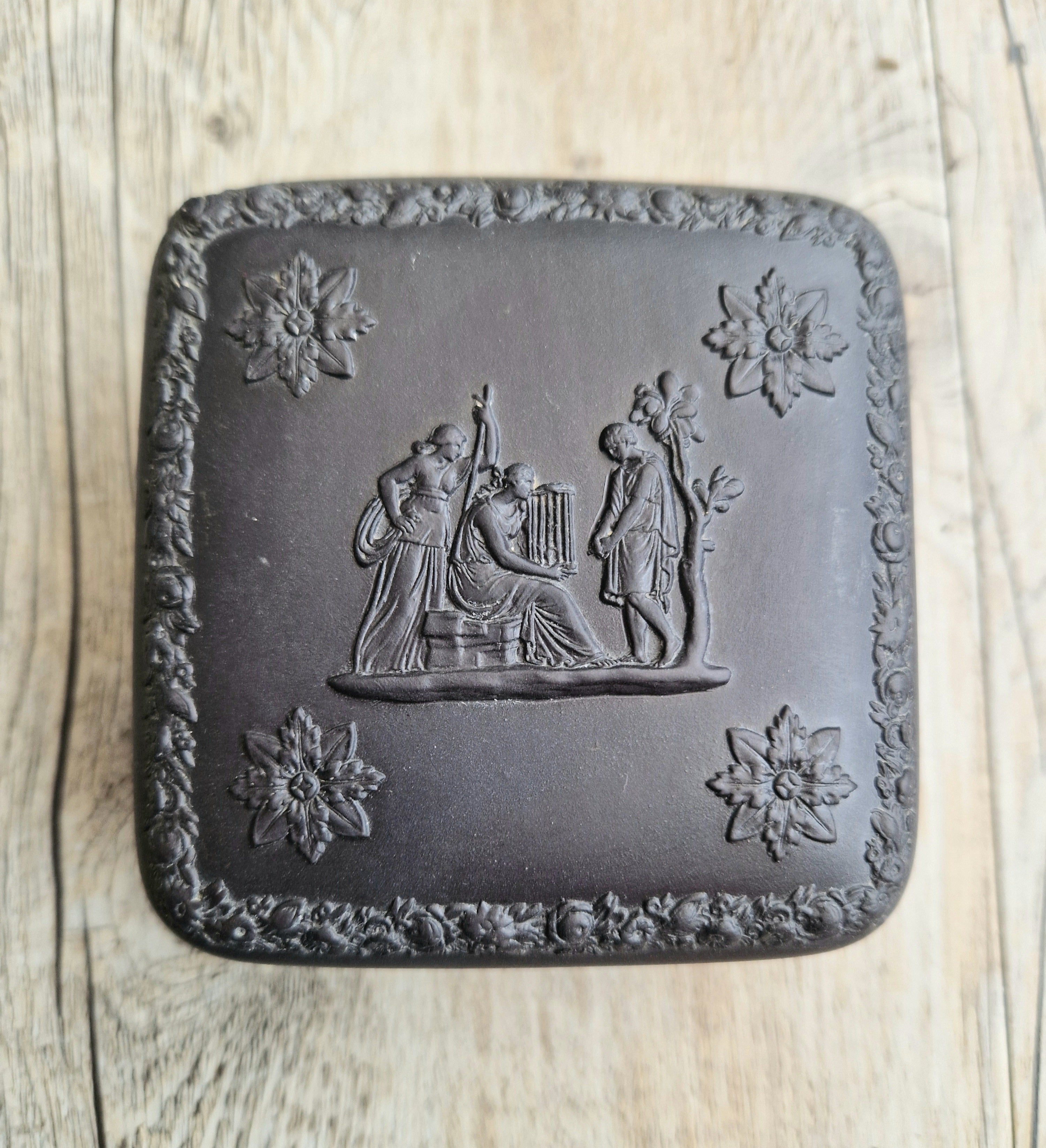 Vintage Wedgwood Black Basalt Neo-Classical Square Trinket Box 1963