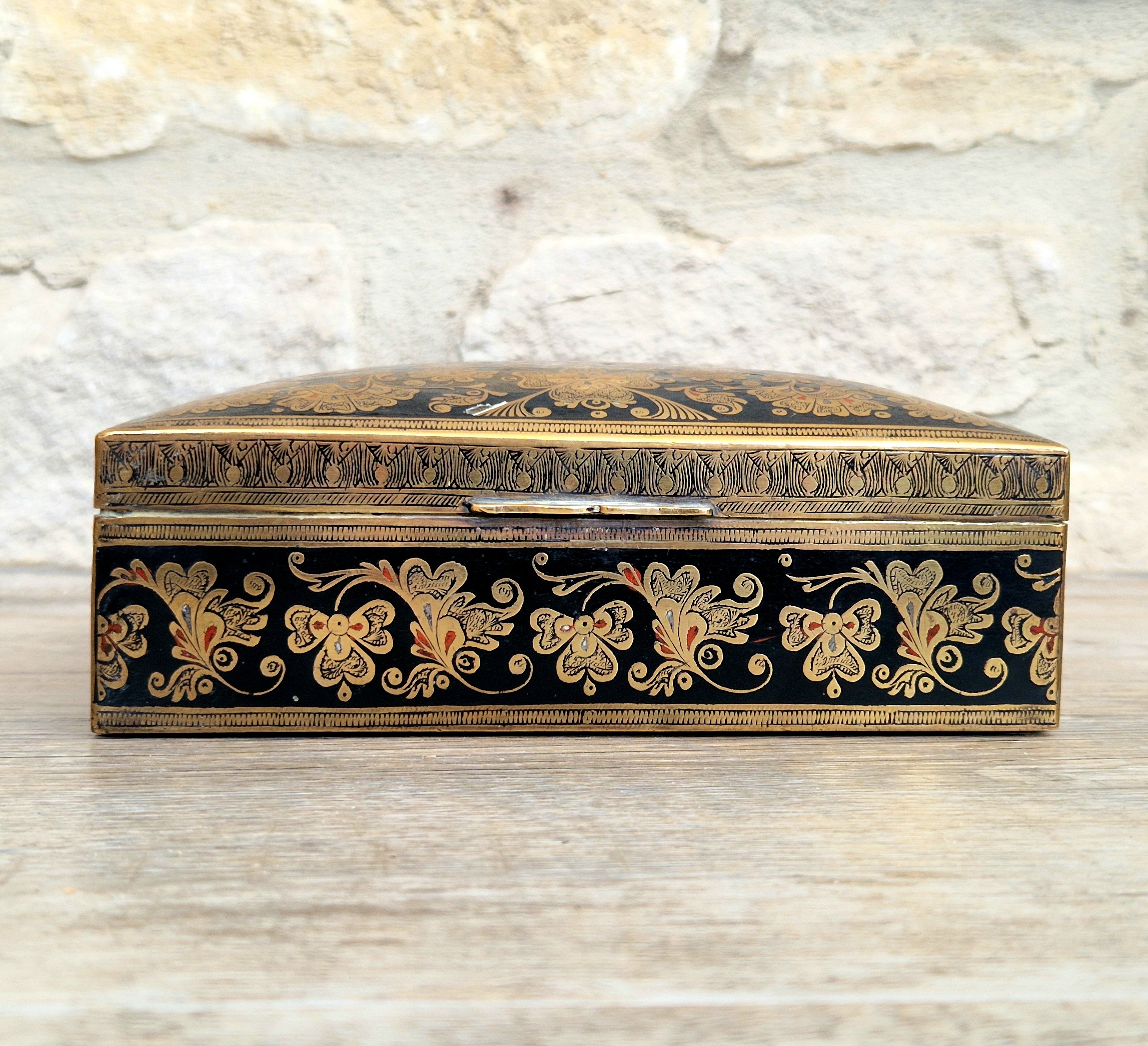 Vintage Brass Black Enamelled Large Ornate Teak-Lined Desk Cigar Box