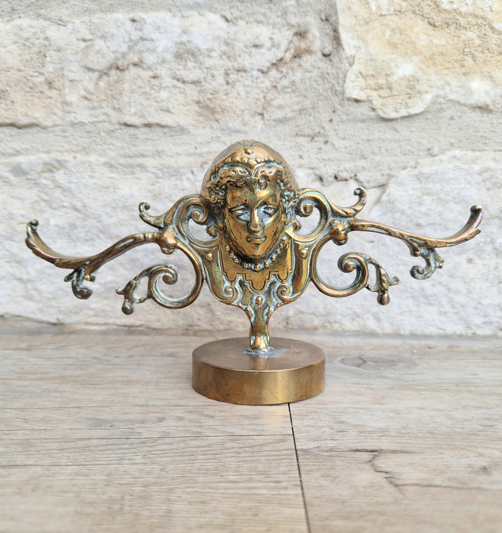 Brass Neo Classical Female Figural Pediment Mounted On Heavy Antique Paperweight