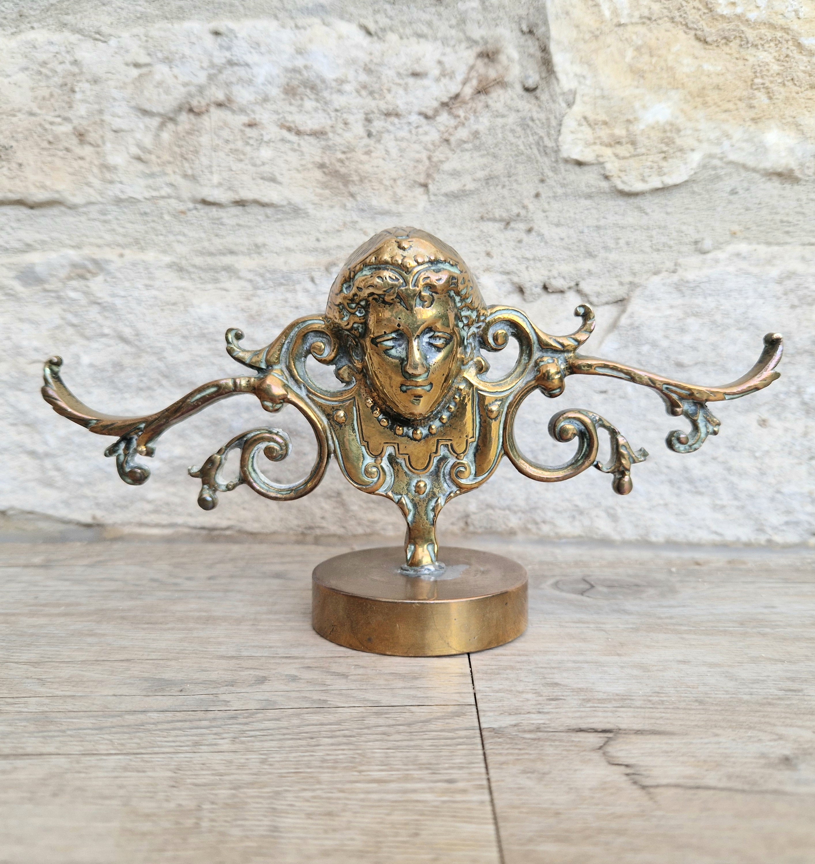 Brass Neo Classical Female Figural Pediment Mounted On Heavy Antique Paperweight