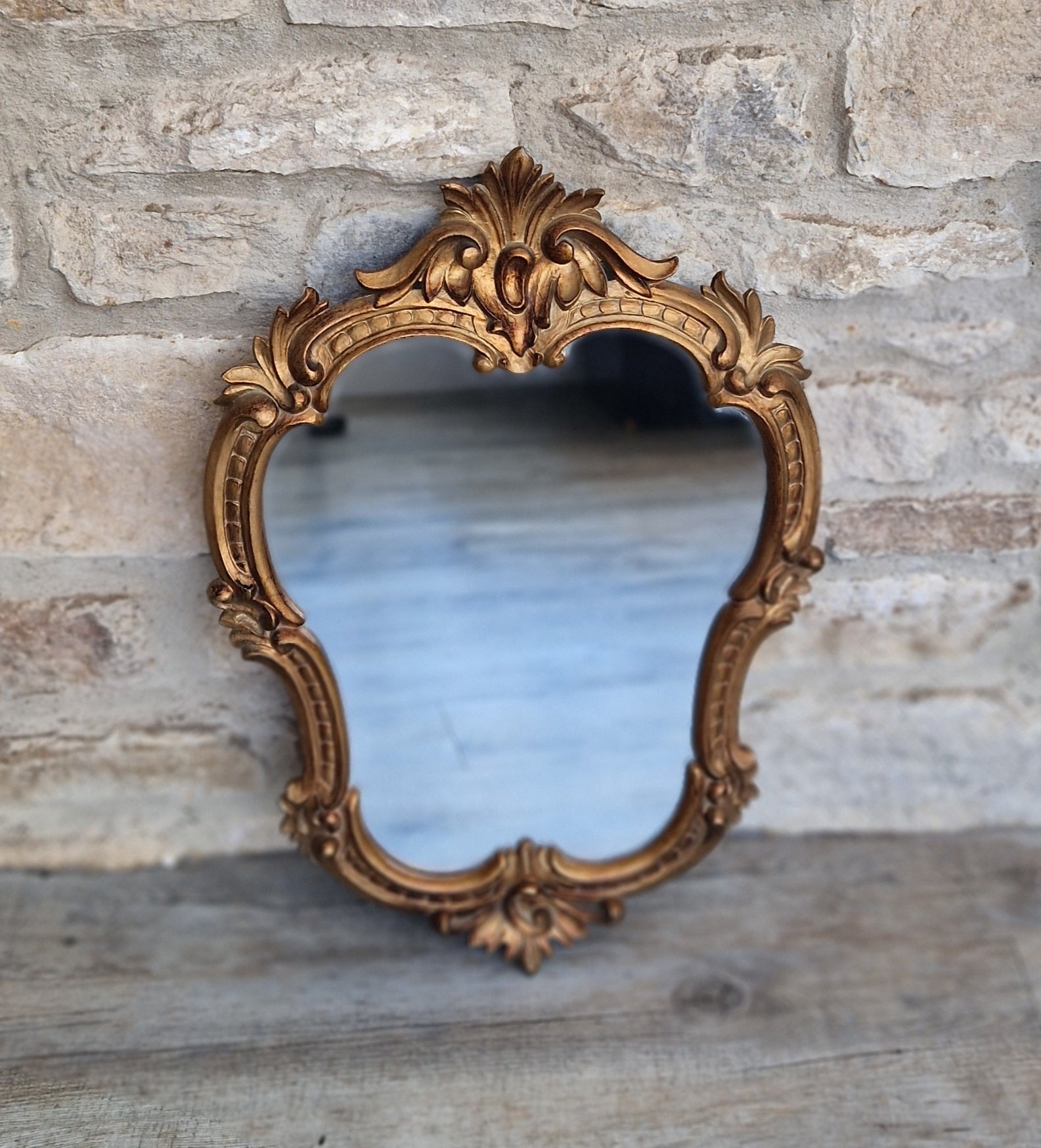 Vintage Italian Ornate Rococo Style Gilded Gold Wall Mirror 51cm x 35cm Stamped Italy