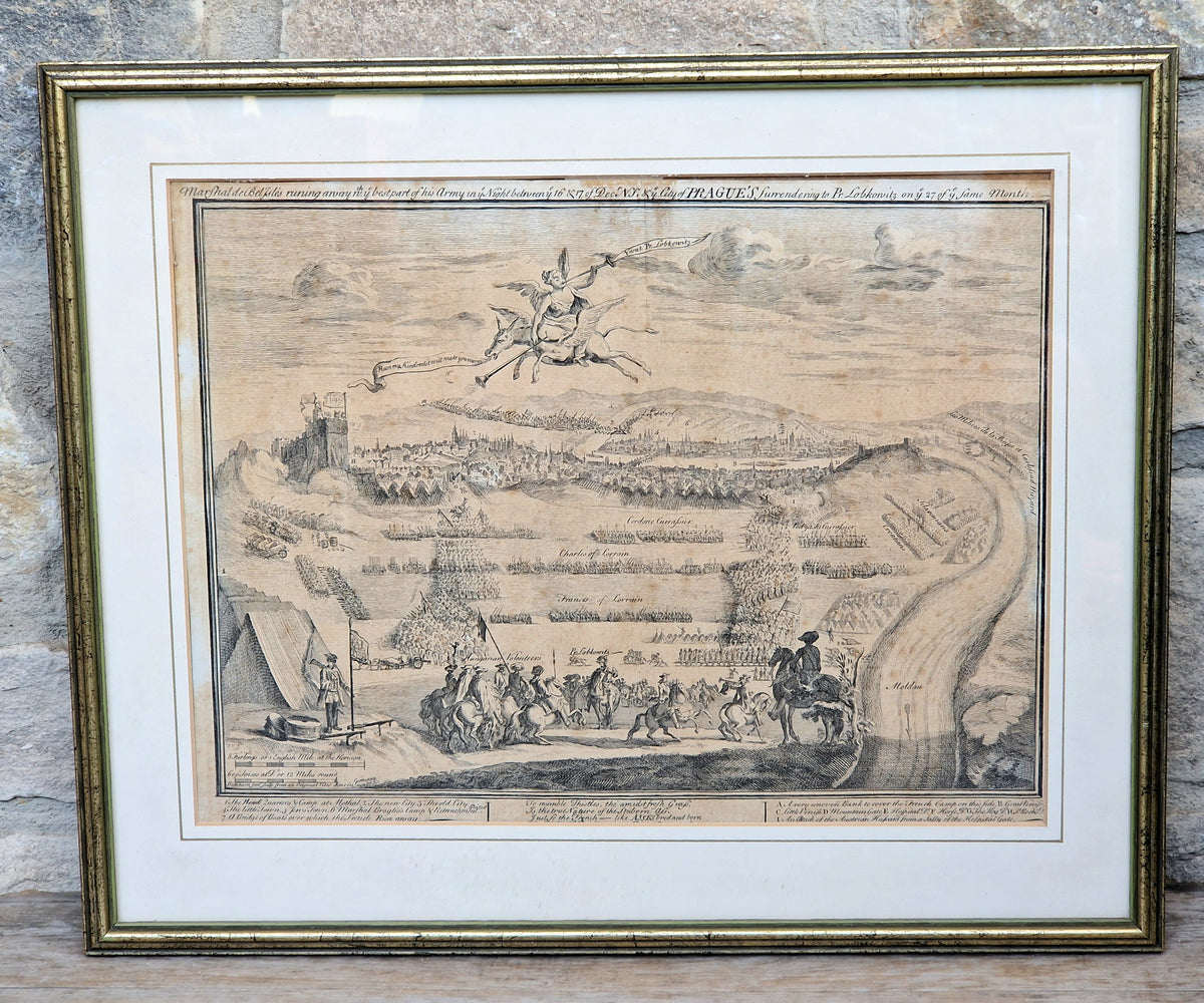 1742 Prague Siege Antique Copperplate Engraving John Bickham Military Battle Map Satire Print Framed