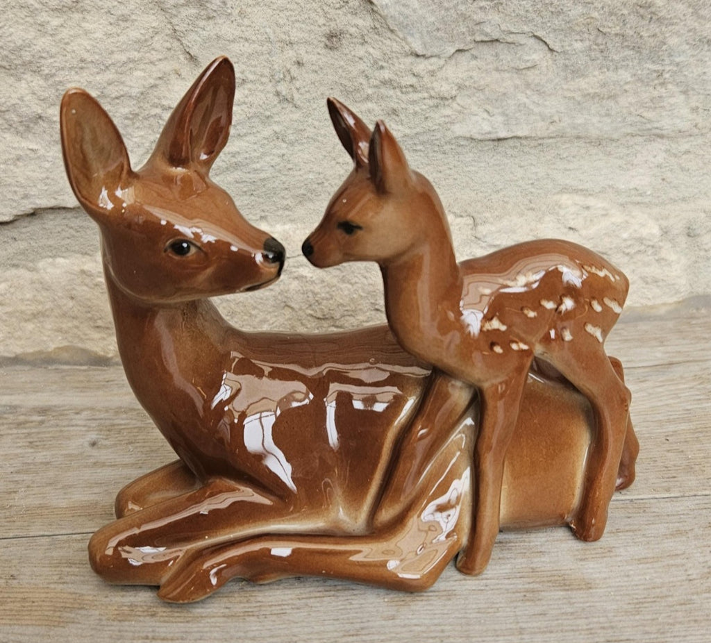Bambi Doe and Fawn Porcelain Ornament Figurine Mid Century Deer Ornament Collectible Woodland Decor