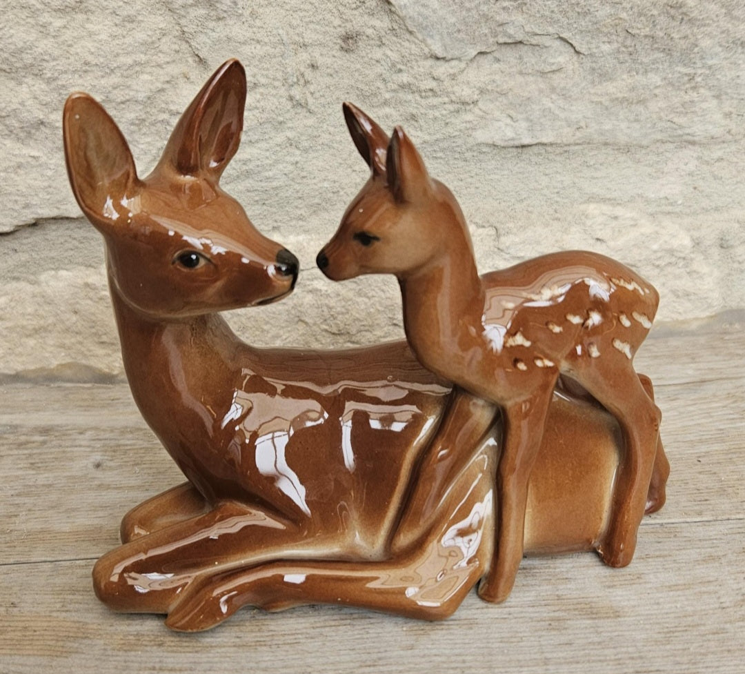 Bambi Doe and Fawn Porcelain Ornament Figurine Mid Century Deer Ornament Collectible Woodland Decor