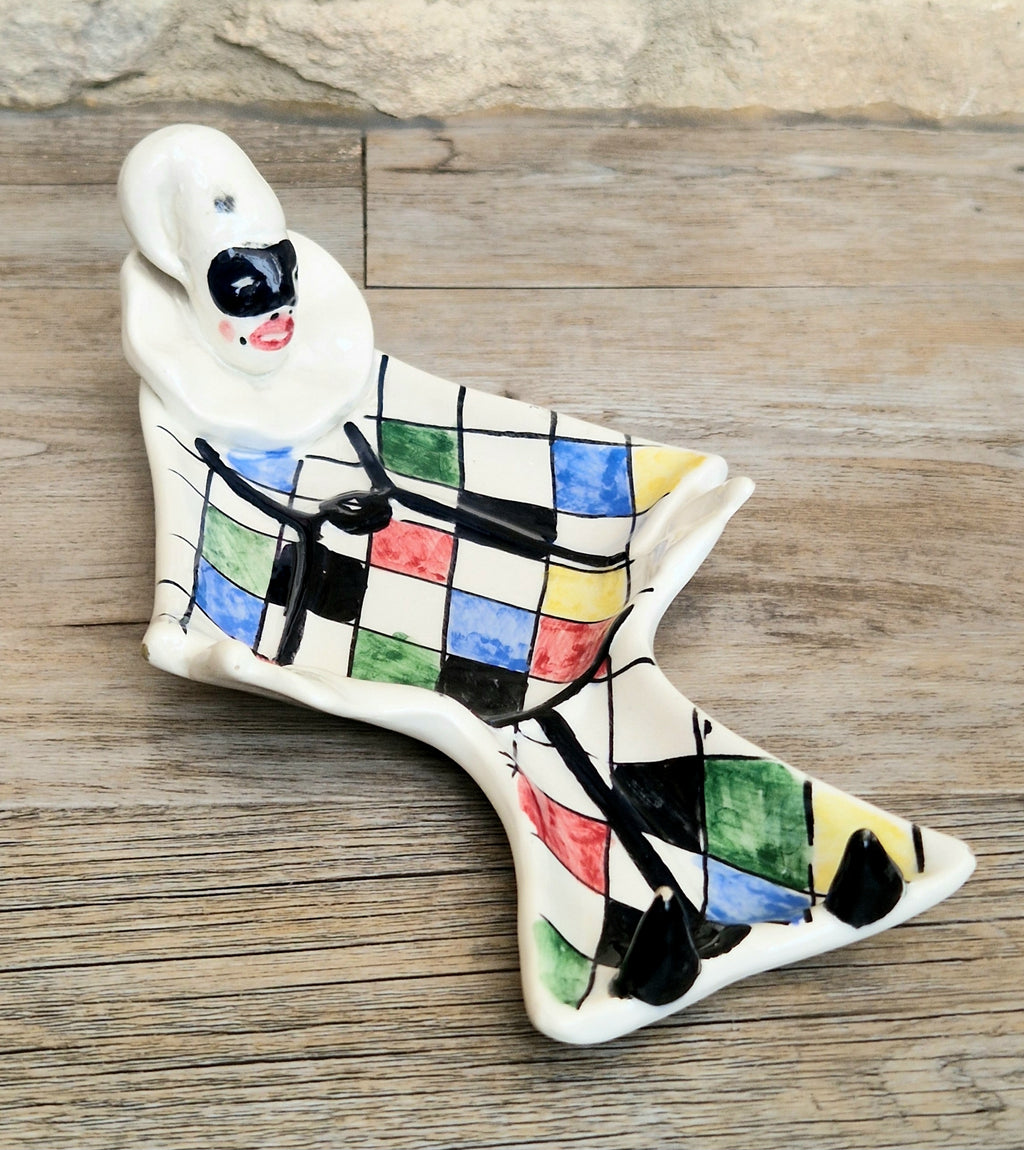 Vintage 1950s Italian Ceramic Harlequin Trinket Dish For.Reg.an Milvia Scarpa Style Catchall Plate Commedia dell Arte Pottery