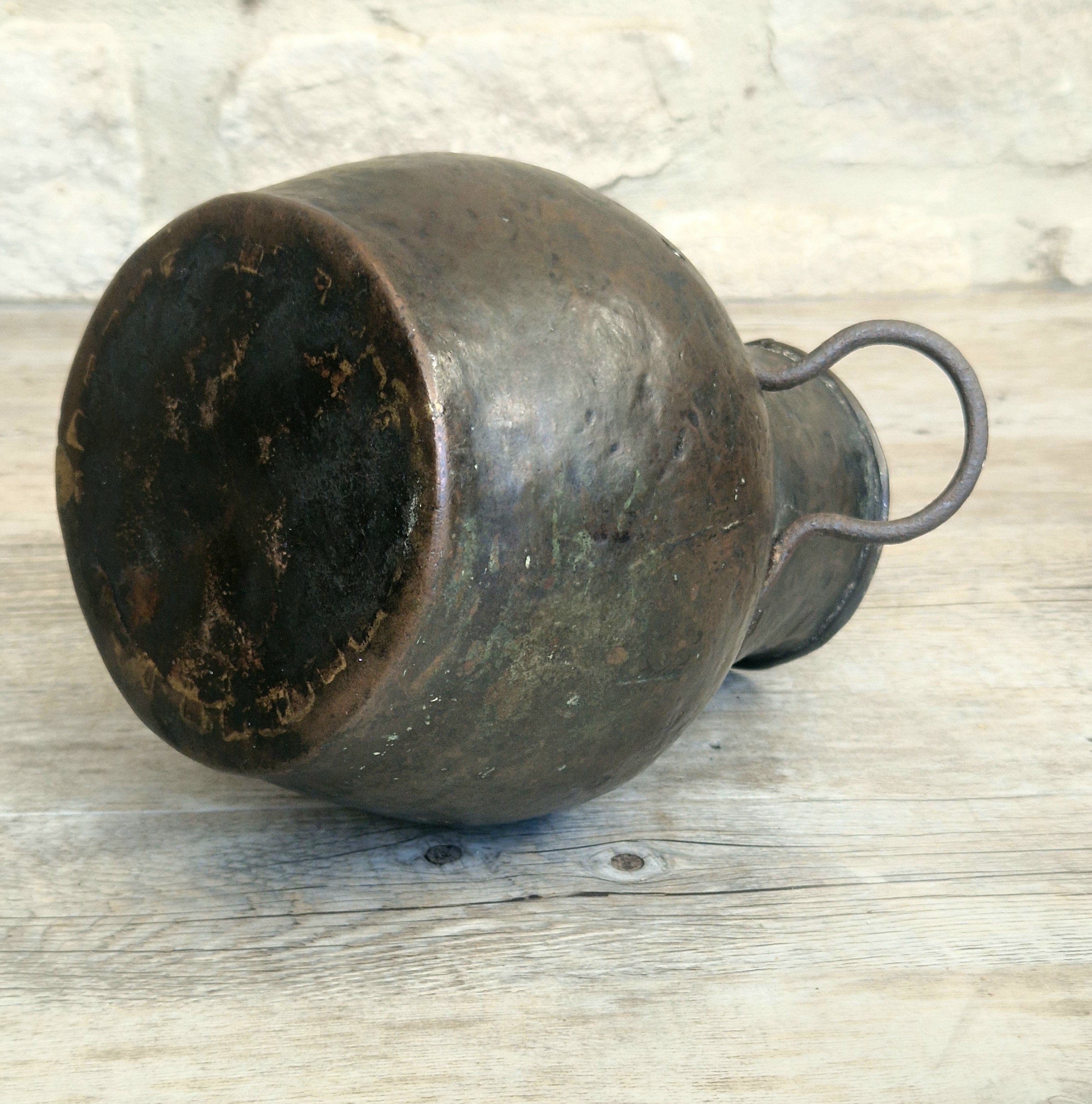 18th Century Hammered Bronze Cauldron Pot Wrought Iron Handles Historic Repair Antique Kitchenalia Vessel