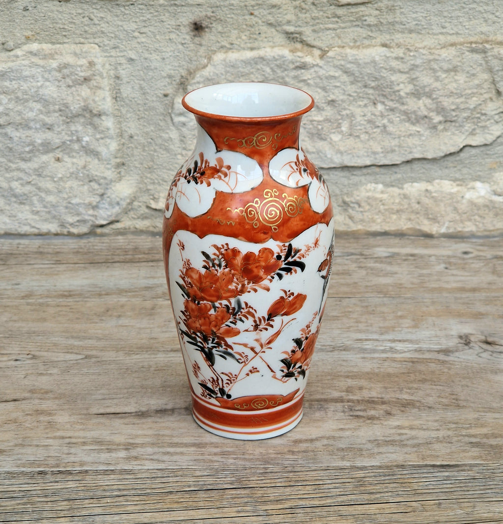 Small Antique Meiji Red Ground Gold Floral Hand-Painted Kutani Vase