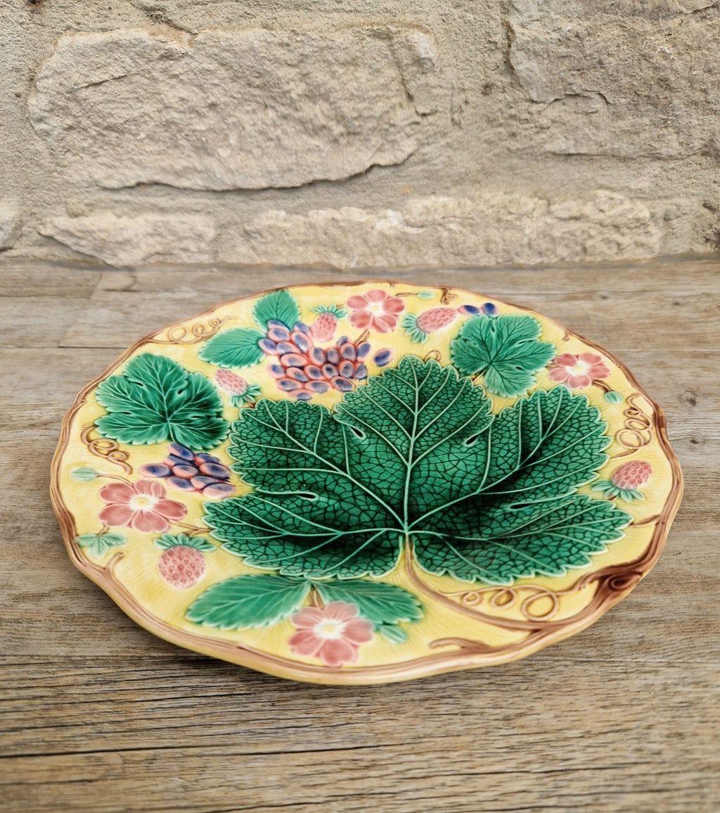 Rare Vintage Wedgwood Majolica Yellow Ground Strawberry Vine Plate 1930s English Pottery Exceptional Condition Grape Leaf & Berries