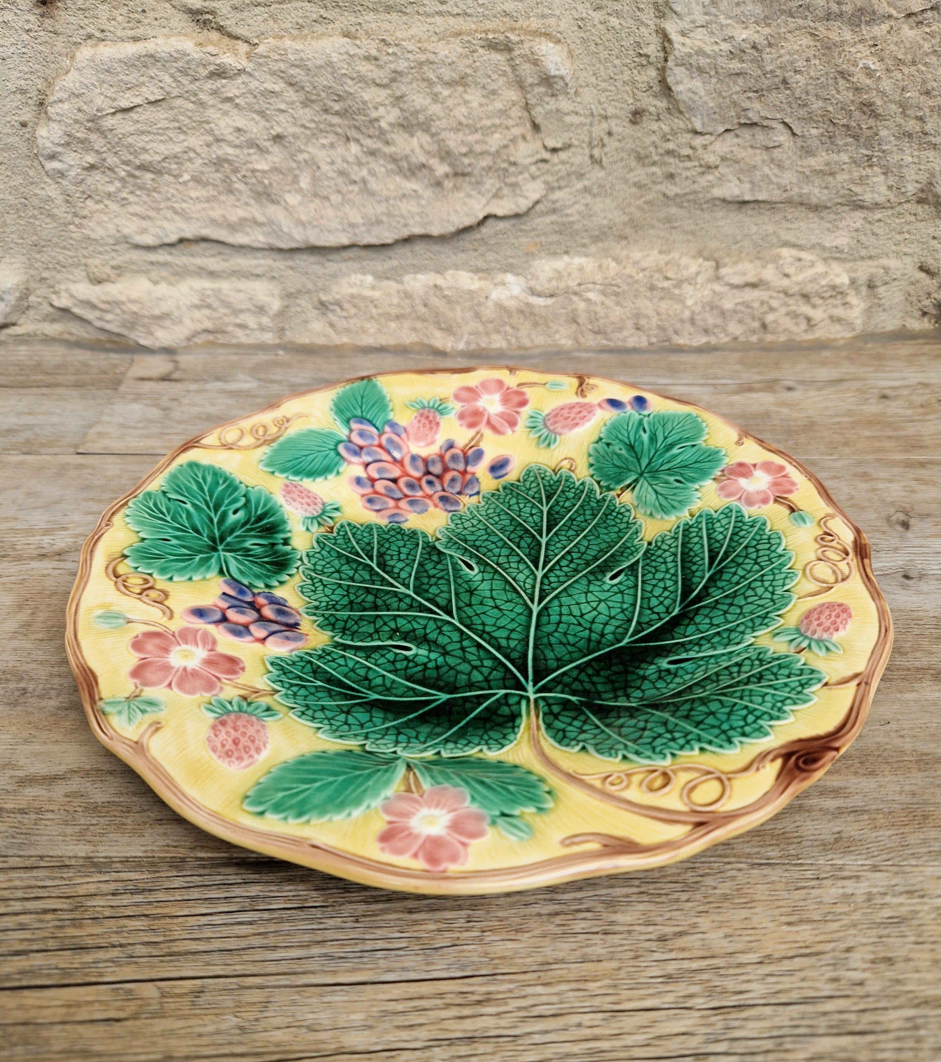 Rare Vintage Wedgwood Majolica Yellow Ground Strawberry Vine Plate 1930s English Pottery Exceptional Condition Grape Leaf & Berries