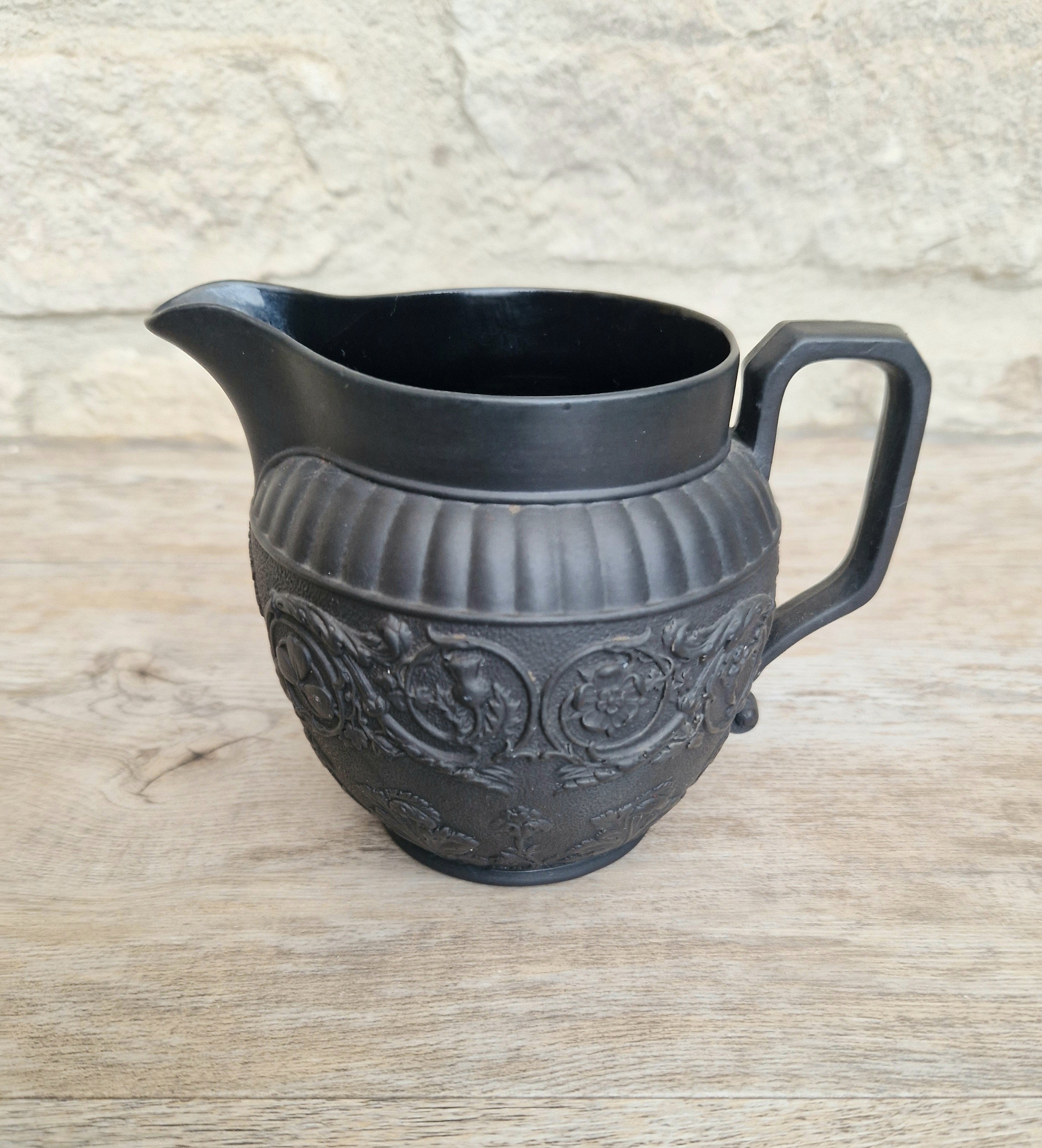 Antique Wedgwood Black Basalt Union Jug Creamer Pitcher Four Home Nations Relief Molded