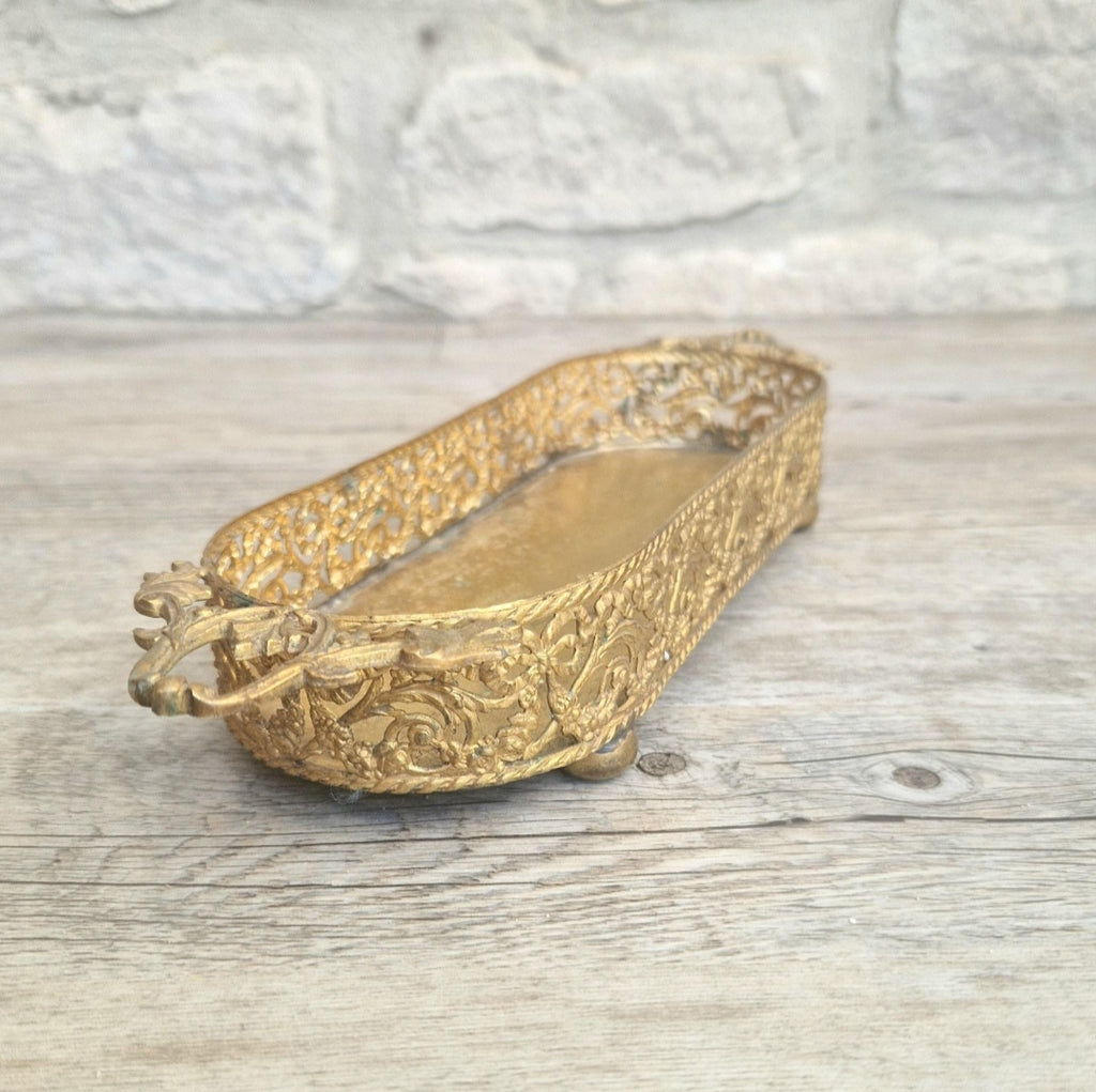 Antique Brass Filligree Rococo Style Desk Pen Tray Holder