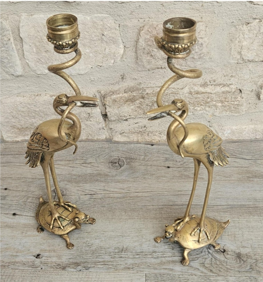 Pair of Antique Candlesticks Japanese Brass Crane Standing On Turtle With Snake Buddhist Early 20th C.