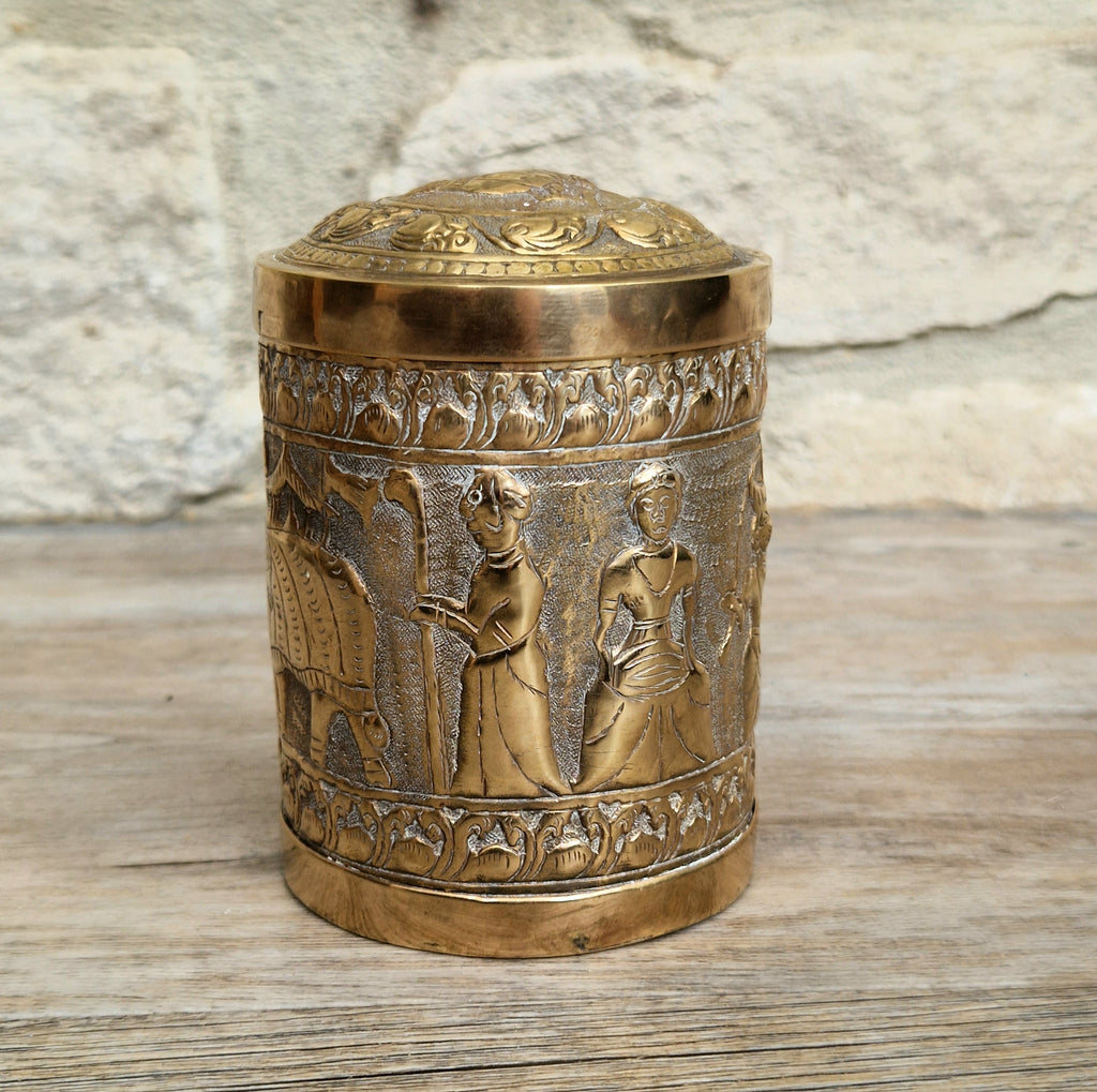 19th Century Brass Rapousse Betel Nut Lidded Decorative Canister