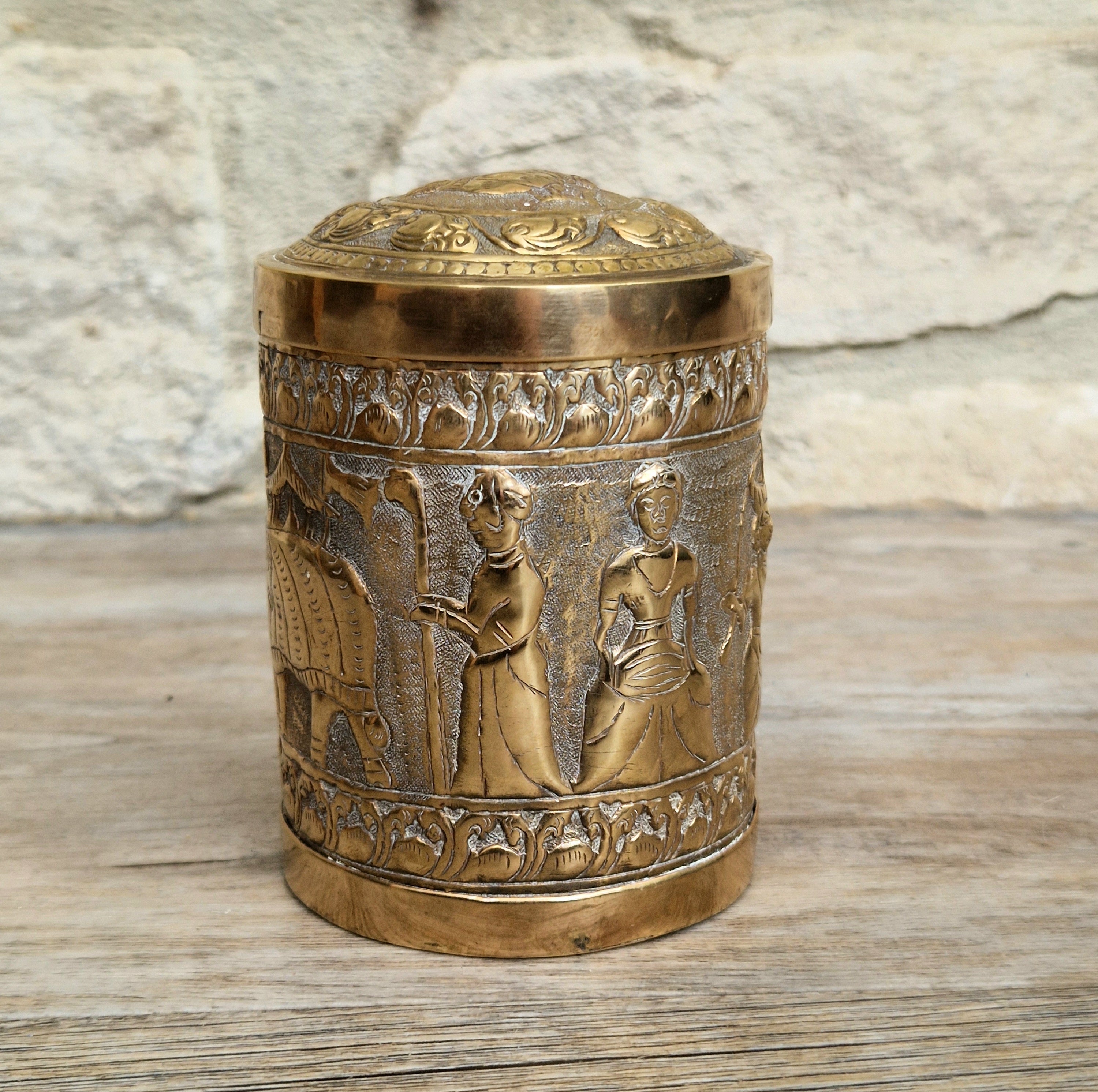 19th Century Brass Rapousse Betel Nut Lidded Decorative Canister
