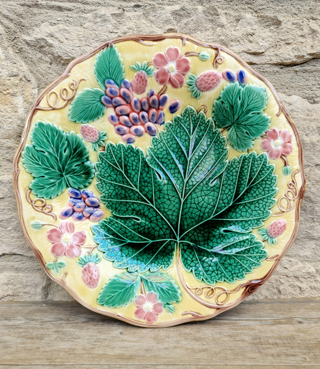 Rare Vintage Wedgwood Majolica Yellow Ground Strawberry Vine Plate 1930s English Pottery Exceptional Condition Grape Leaf & Berries