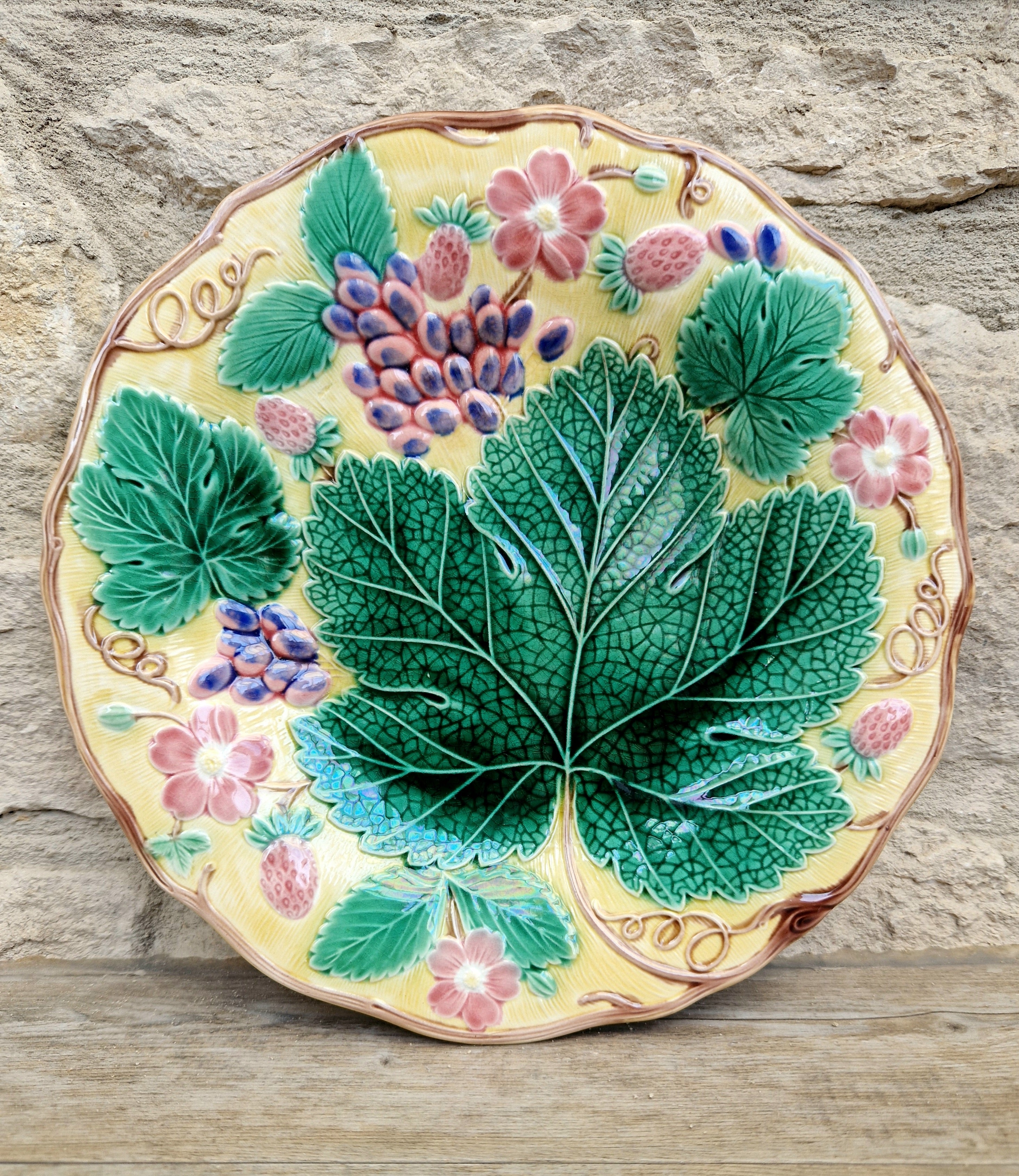 Rare Vintage Wedgwood Majolica Yellow Ground Strawberry Vine Plate 1930s English Pottery Exceptional Condition Grape Leaf & Berries