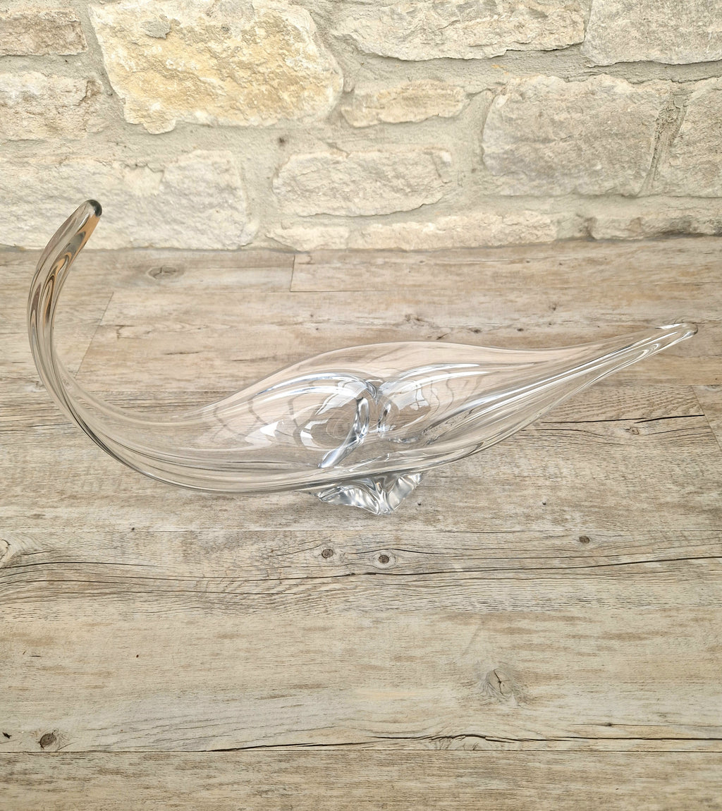 Vintage Art Vannes France Signed Lead Crystal Centerpiece | 1950s Mid Century Modern Biomorphic Freeform Sculptural Glass Bowl