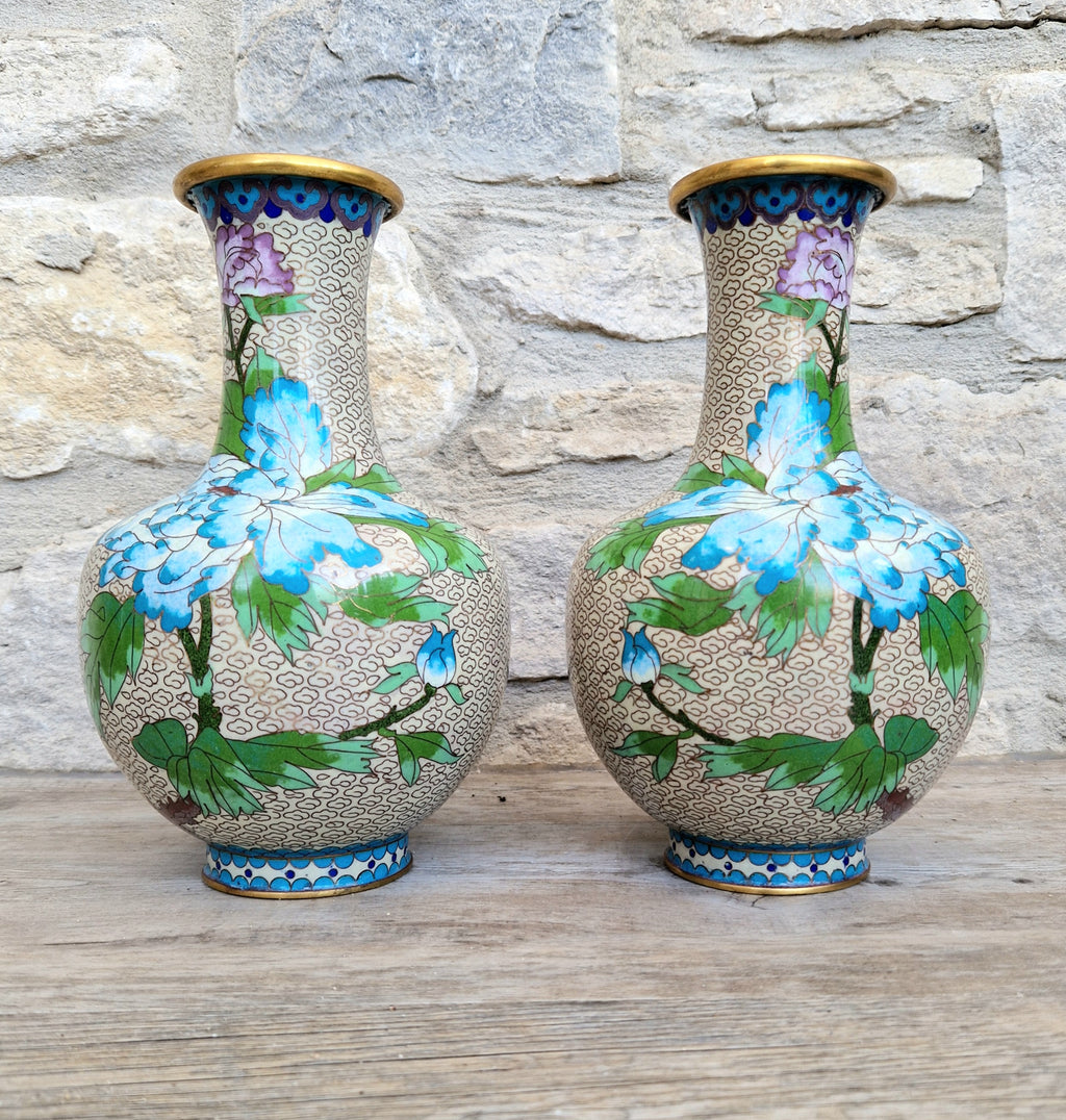 Pair Of Large Cloisonne Mirror Matched Peony Vases Mid 20th Century Exemplary Condition 23cm