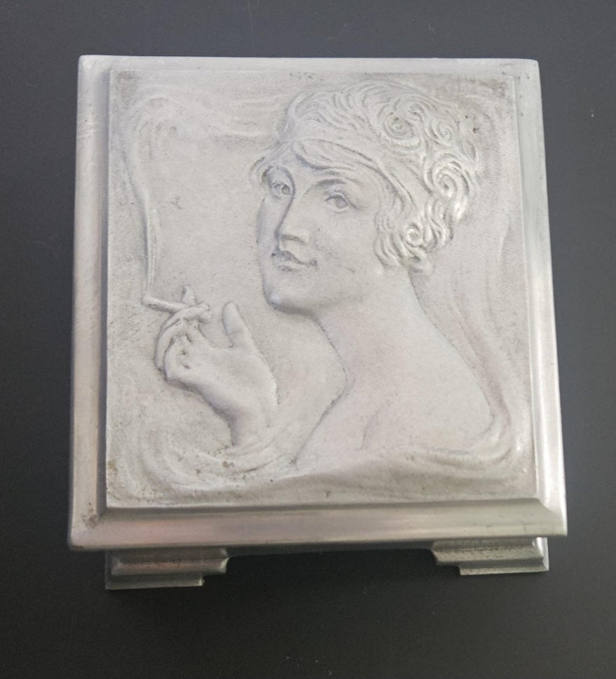 Art Nouveau Lady Aluminium Lidded Box Made in London England Stamped (1905-1924) 13.5cm Square X 6.5cm Tall Arts and Crafts Box