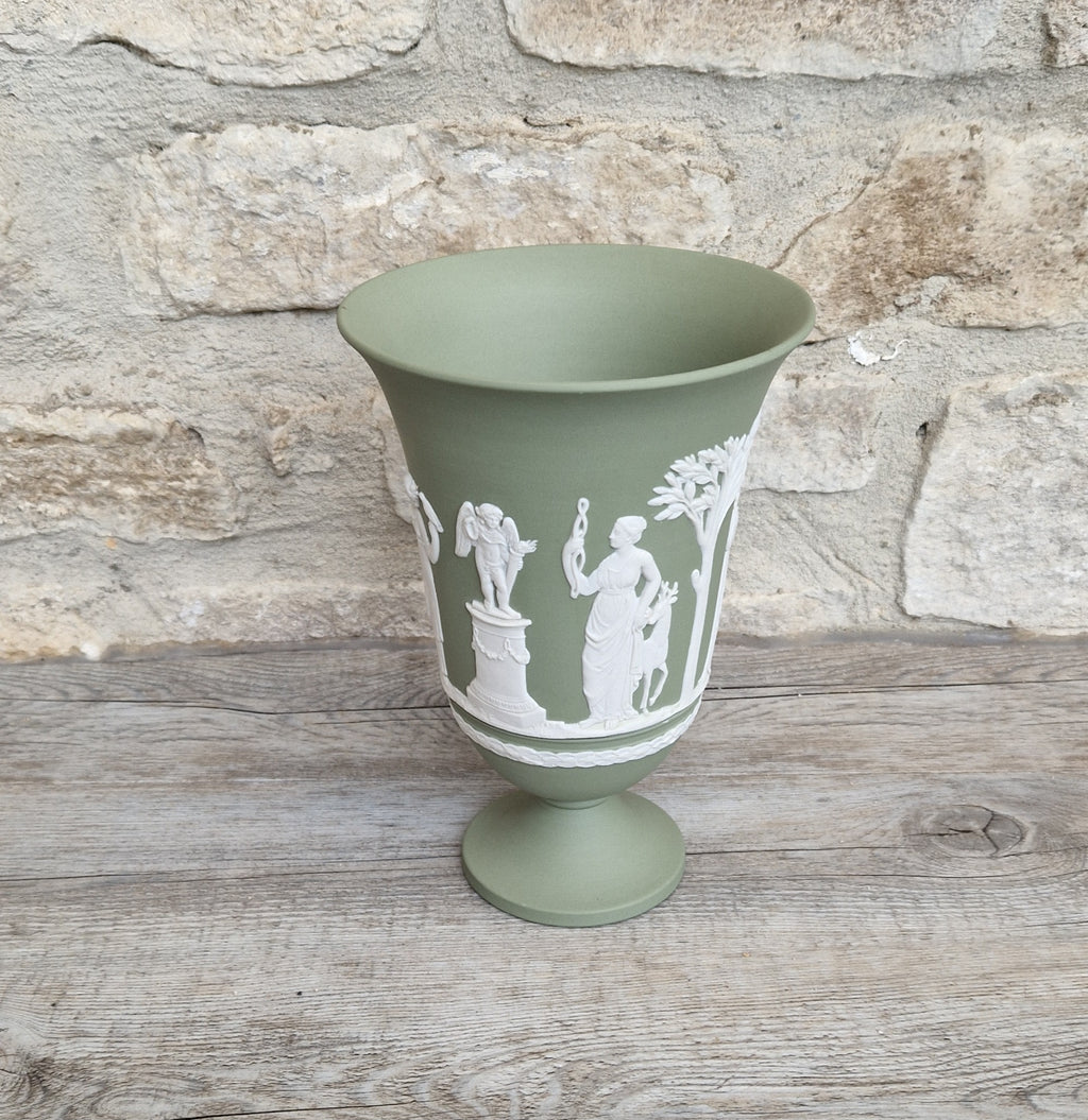 Wedgwood Sage Green Jasperware Arcadian Pedestal Trumpet Mantle Vase - Vintage.Made in England 17cm Tall