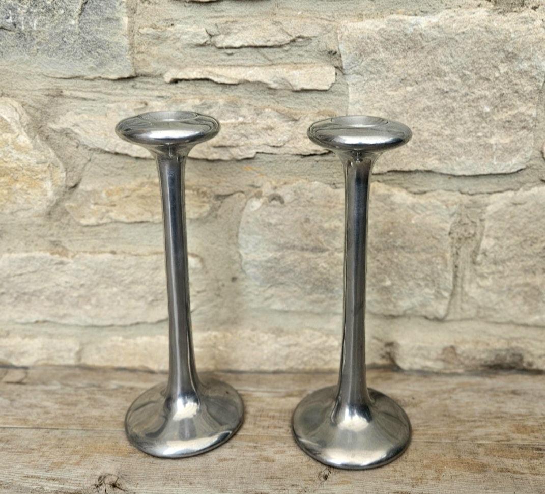 Pair Of Vintage Aluminium Tall Candlesticks 1990's Ikea Kagla Metal By Carl Ojerstam 25cm Tall