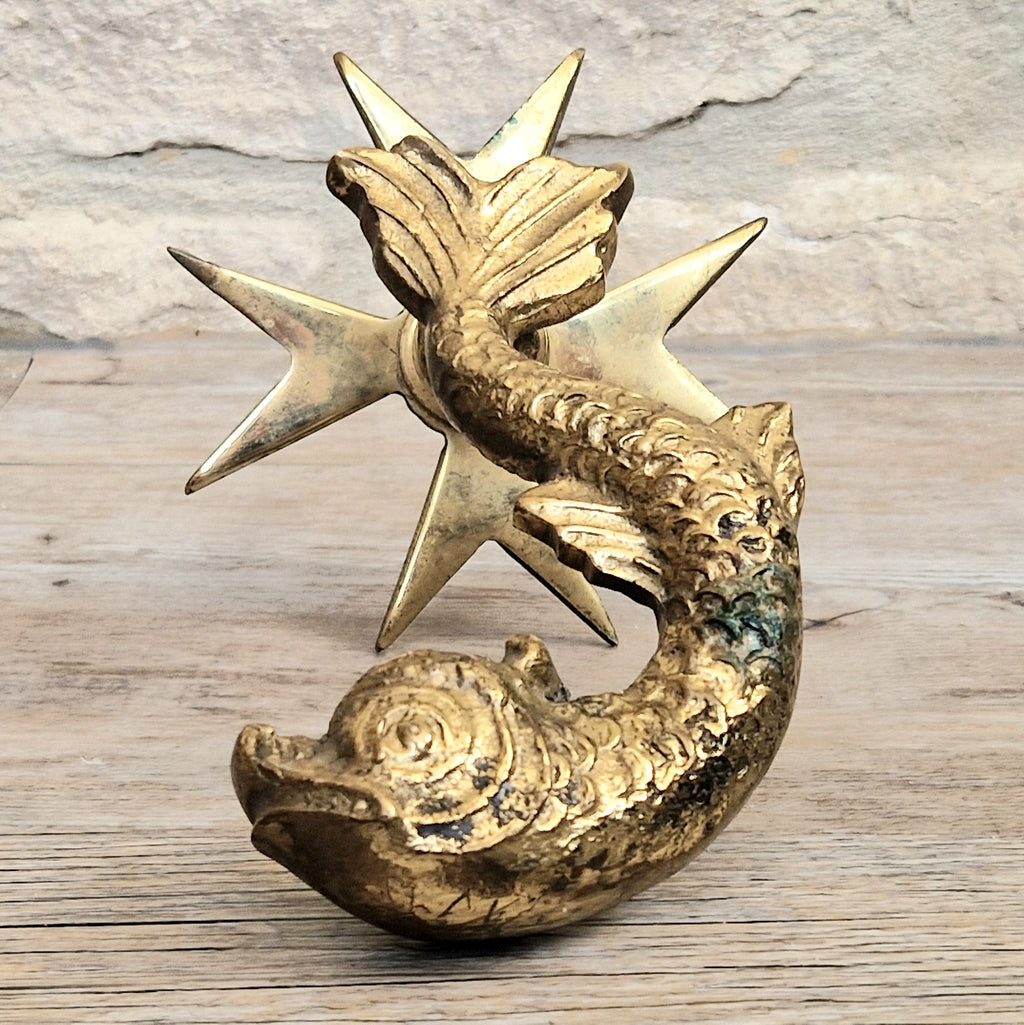 Vintage Heavy Cast Brass Maltese Cross & Dolphin Door Knocker 1950's