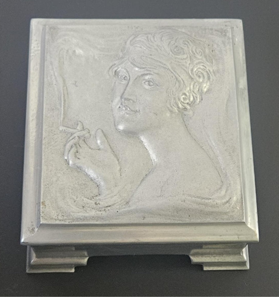 Art Nouveau Lady Aluminium Lidded Box Made in London England Stamped (1905-1924) 13.5cm Square X 6.5cm Tall Arts and Crafts Box