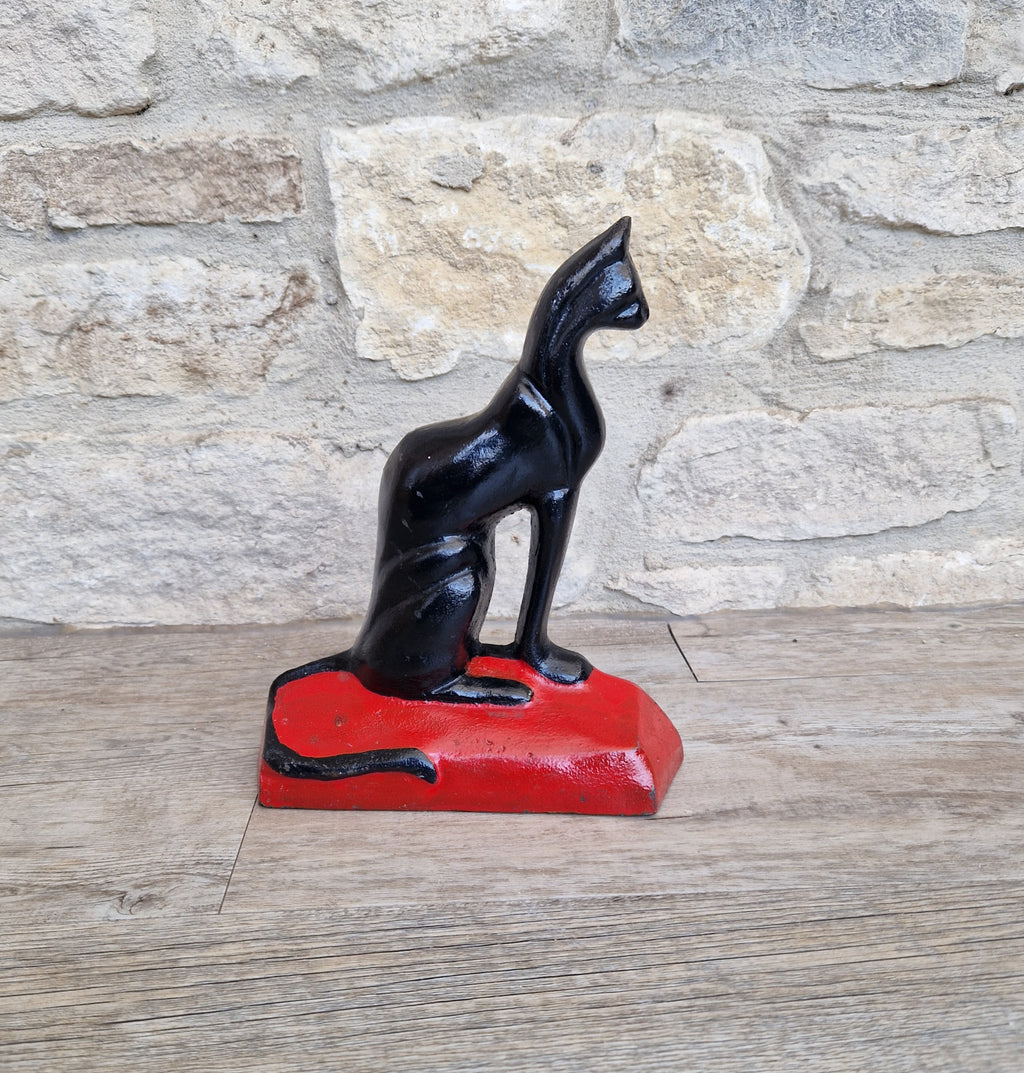 Antique Rare Cast Iron Art Deco Black Sitting Cat Doorstop