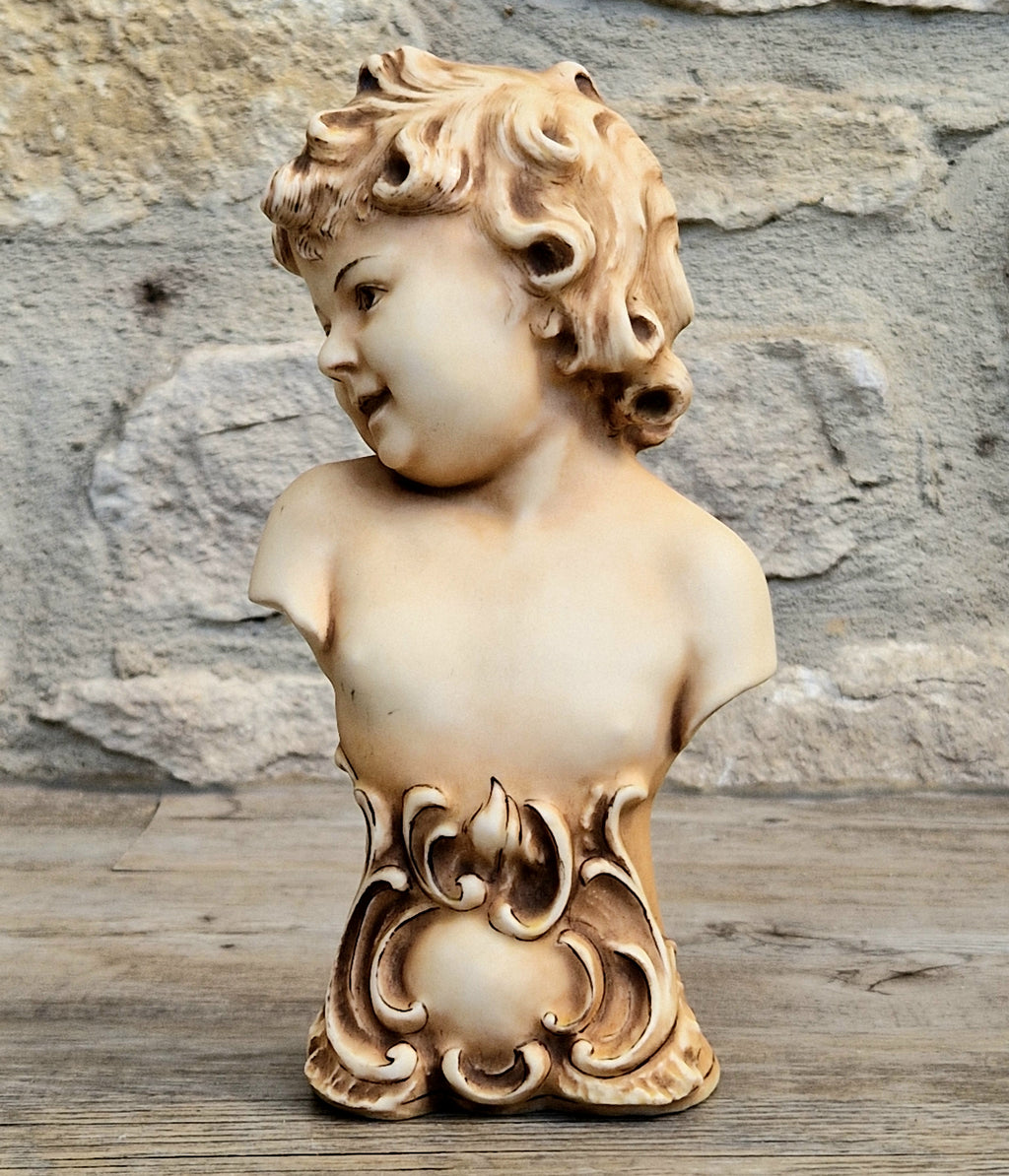Antique NeoClassical Continental Patinated Bisque Porcelain Putti Child Bust Figure Ornament
