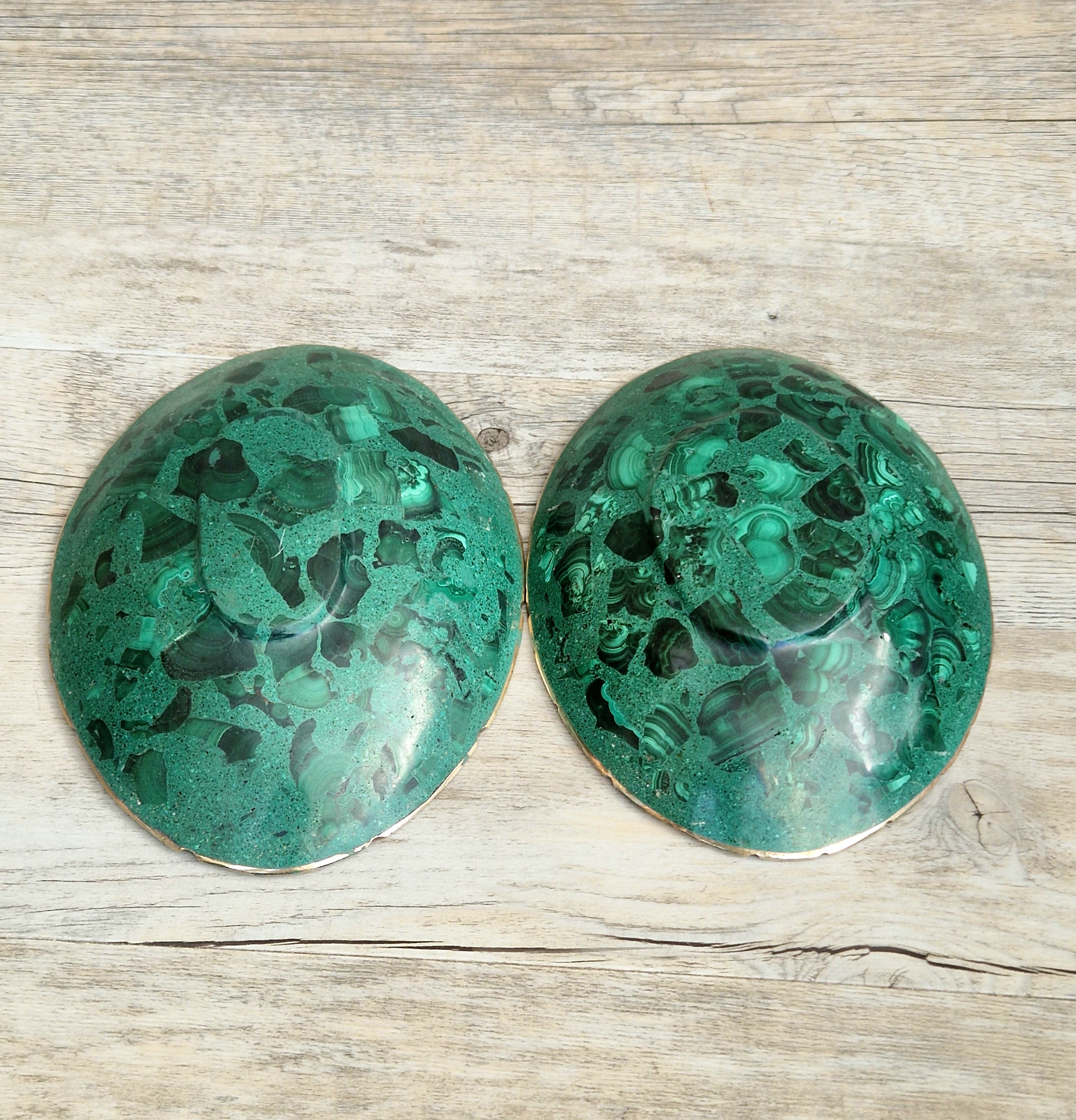 Pair of Stunning Fine Midcentury Malachite & Brass Oval Vide Poche Catch-All Decorative Bowls