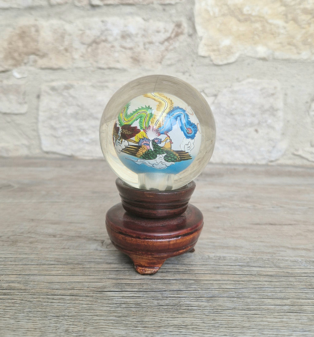 Vintage Chinese Reverse Painted Dragon & Pheonix Crystal Glass Ball Mounted Plinth