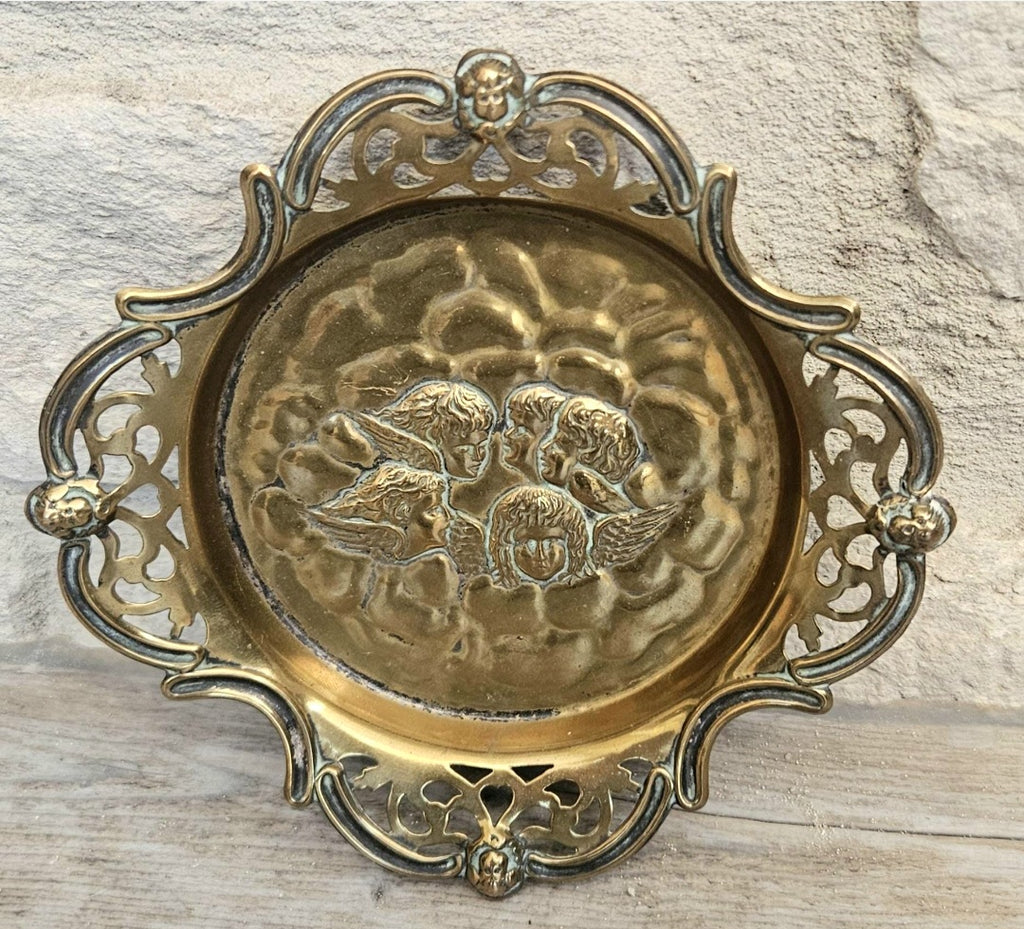 Antique Repoussé Brass Card Tray or Pin Dish "A Child's Angels" (Reynolds Angels) motif 14cm
