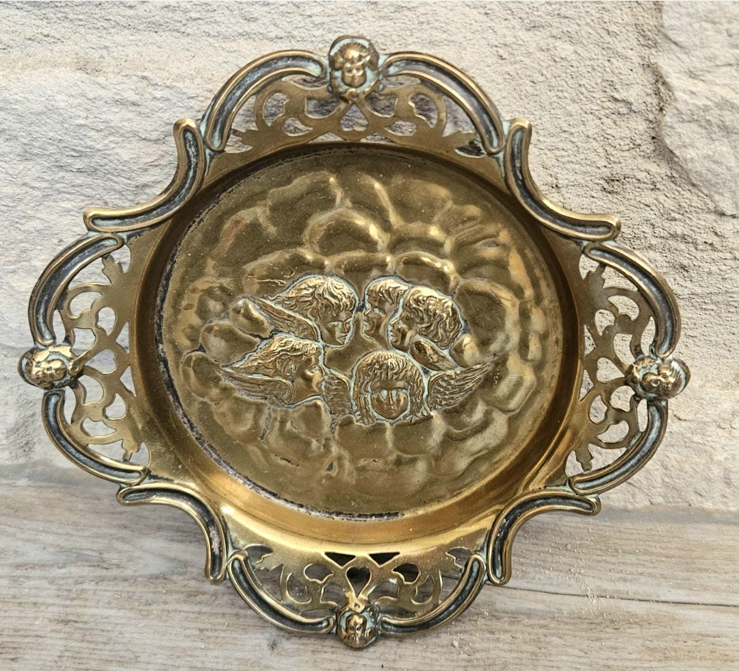 Antique Repoussé Brass Card Tray or Pin Dish "A Child's Angels" (Reynolds Angels) motif 14cm