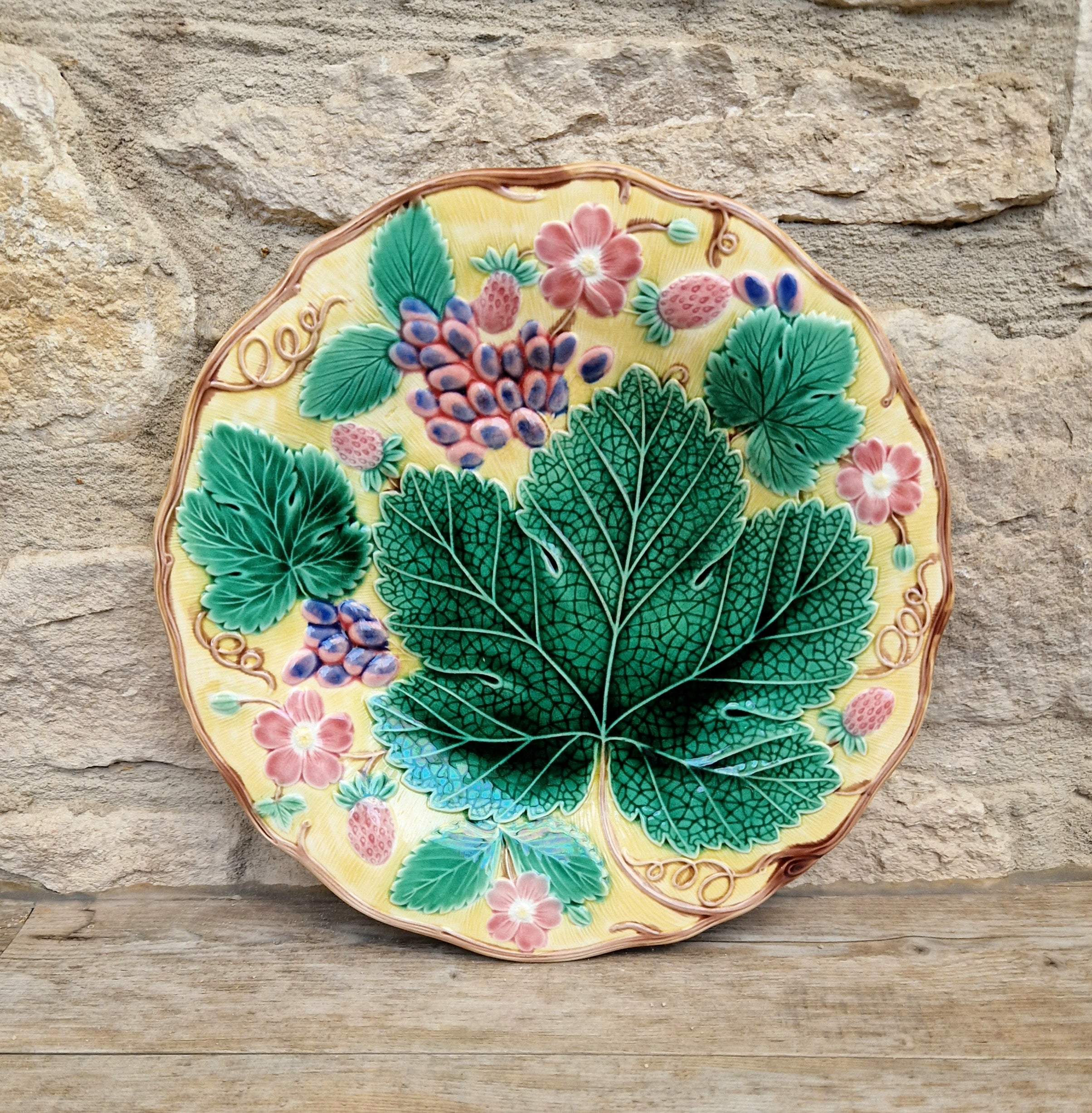 Rare Vintage Wedgwood Majolica Yellow Ground Strawberry Vine Plate 1930s English Pottery Exceptional Condition Grape Leaf & Berries